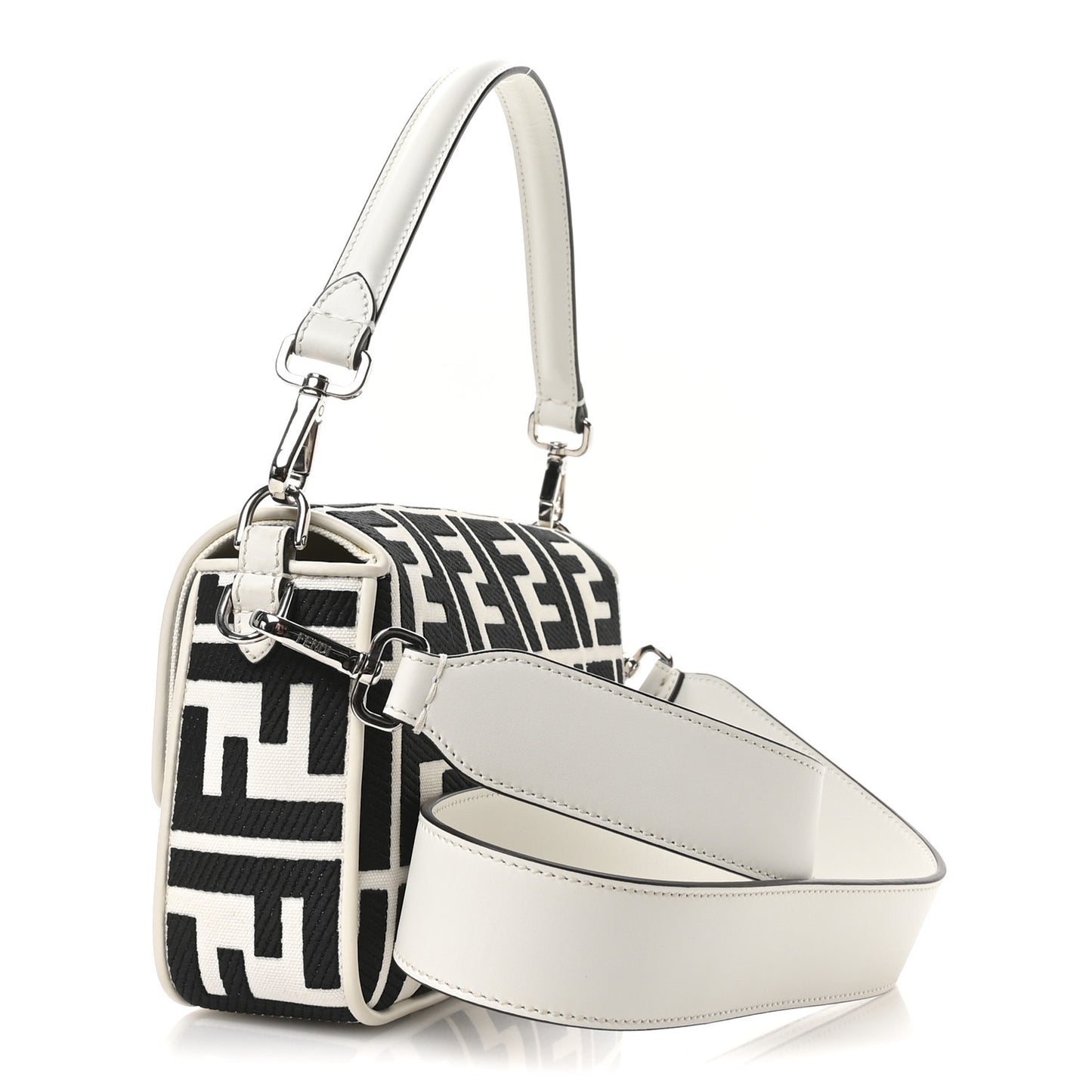 Canvas Vitello King FF Embroidered Baguette White Black
