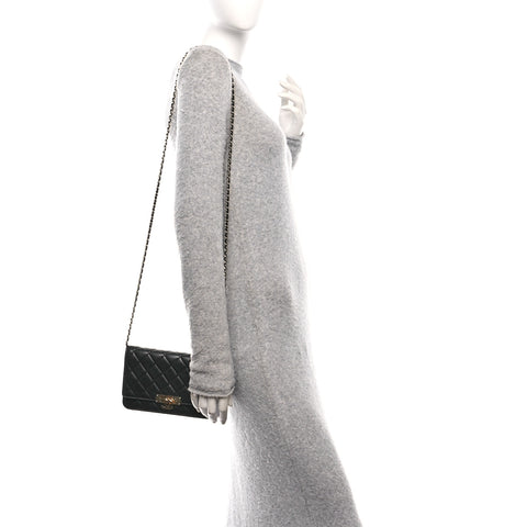 Lambskin Quilted Golden Class Wallet on Chain WOC Black