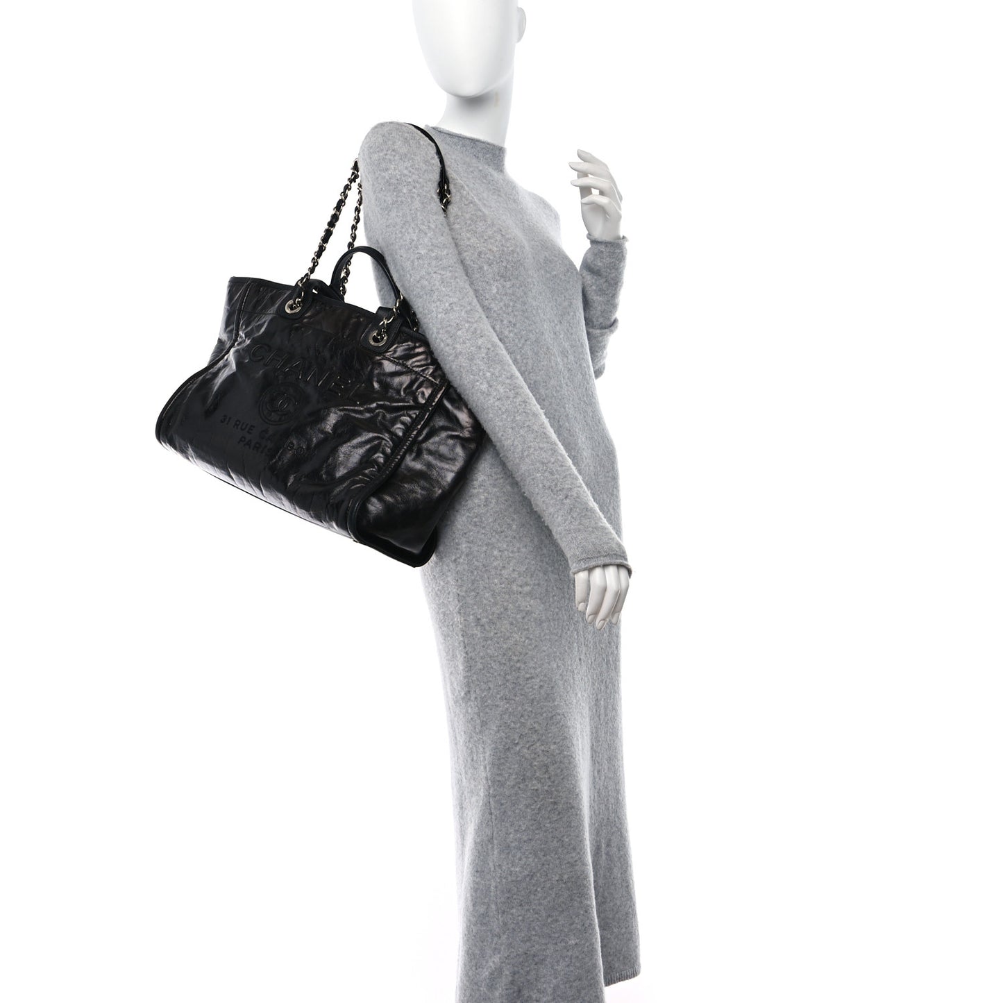 Glazed Calfskin Medium Deauville Tote Black