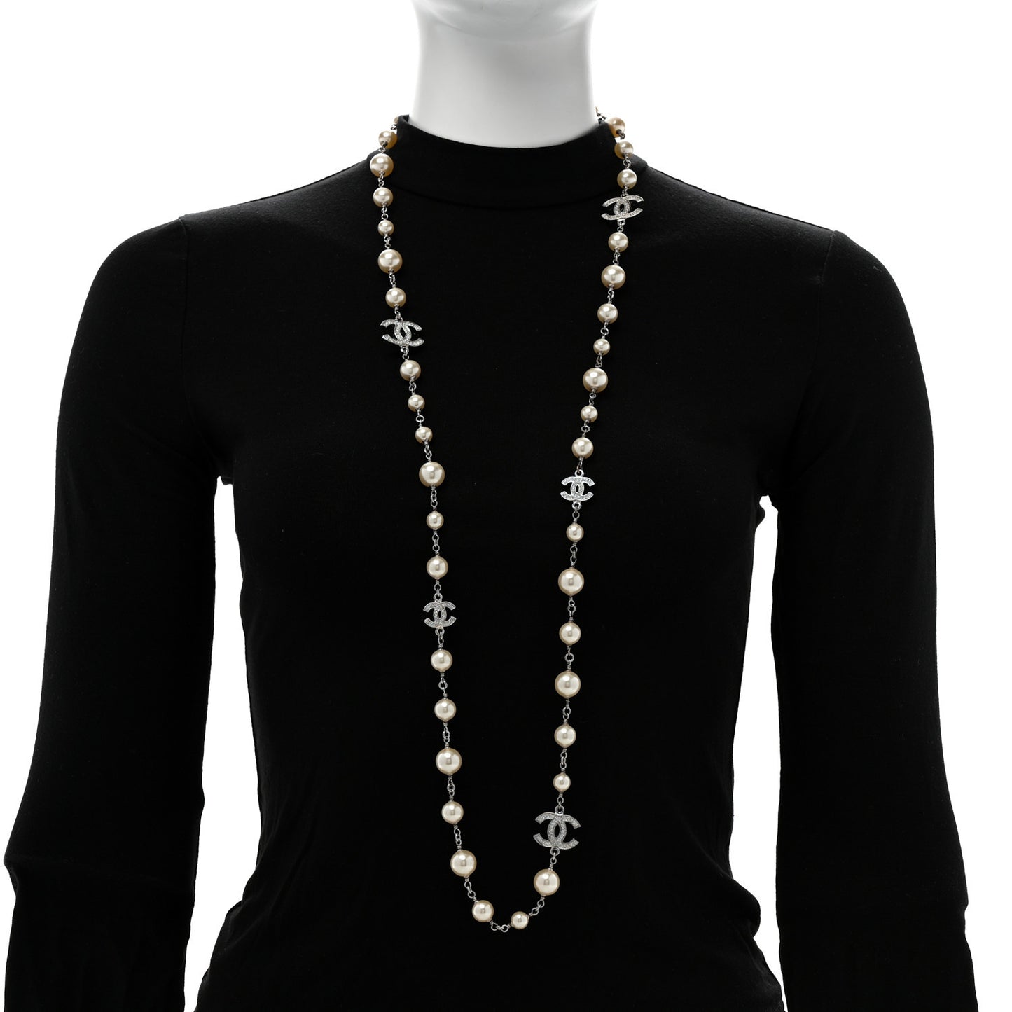 Crystal Pearl CC Long Necklace Silver Pearly White