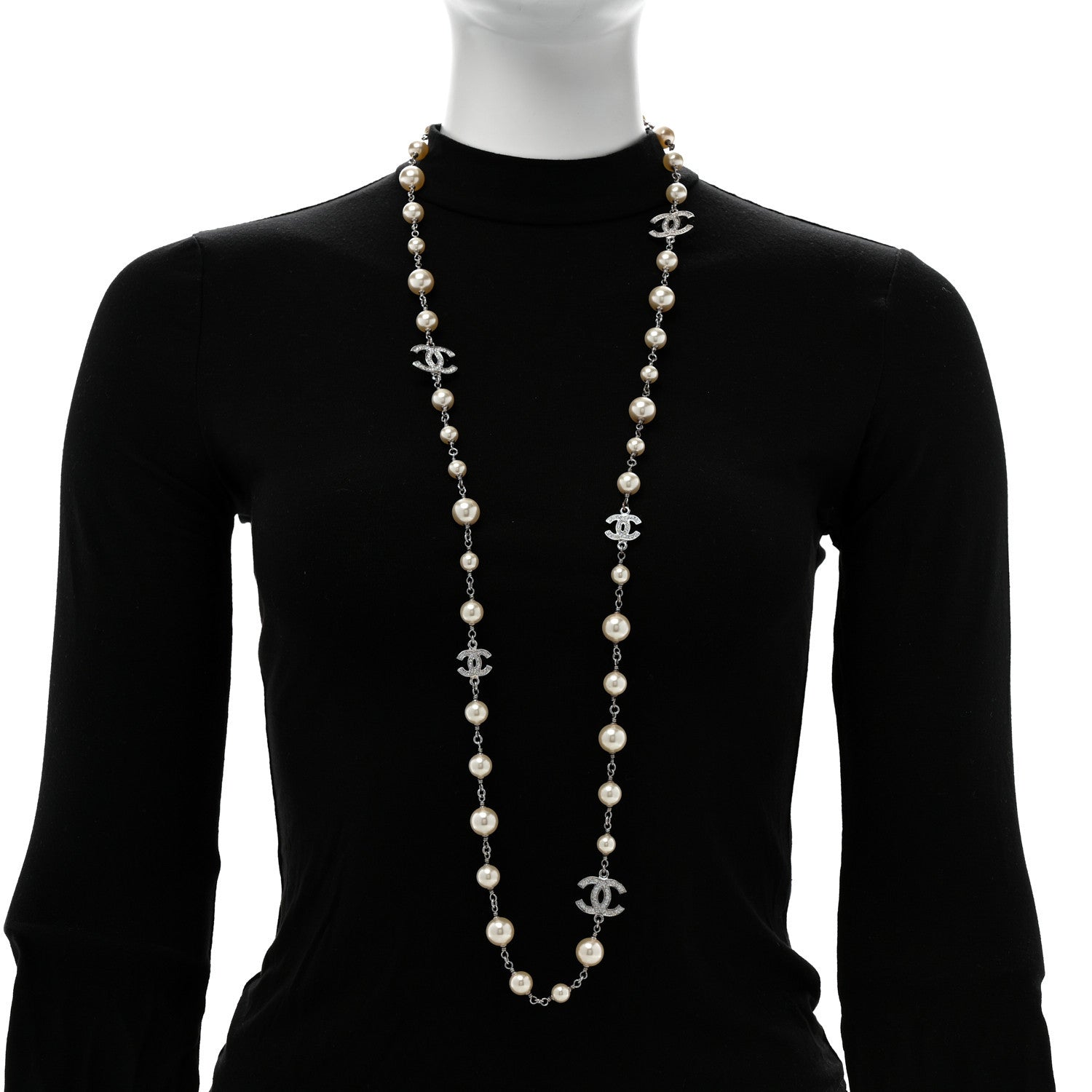 Chanel Crystal Pearl CC Long Necklace Silver Pearly White 2 of 4
