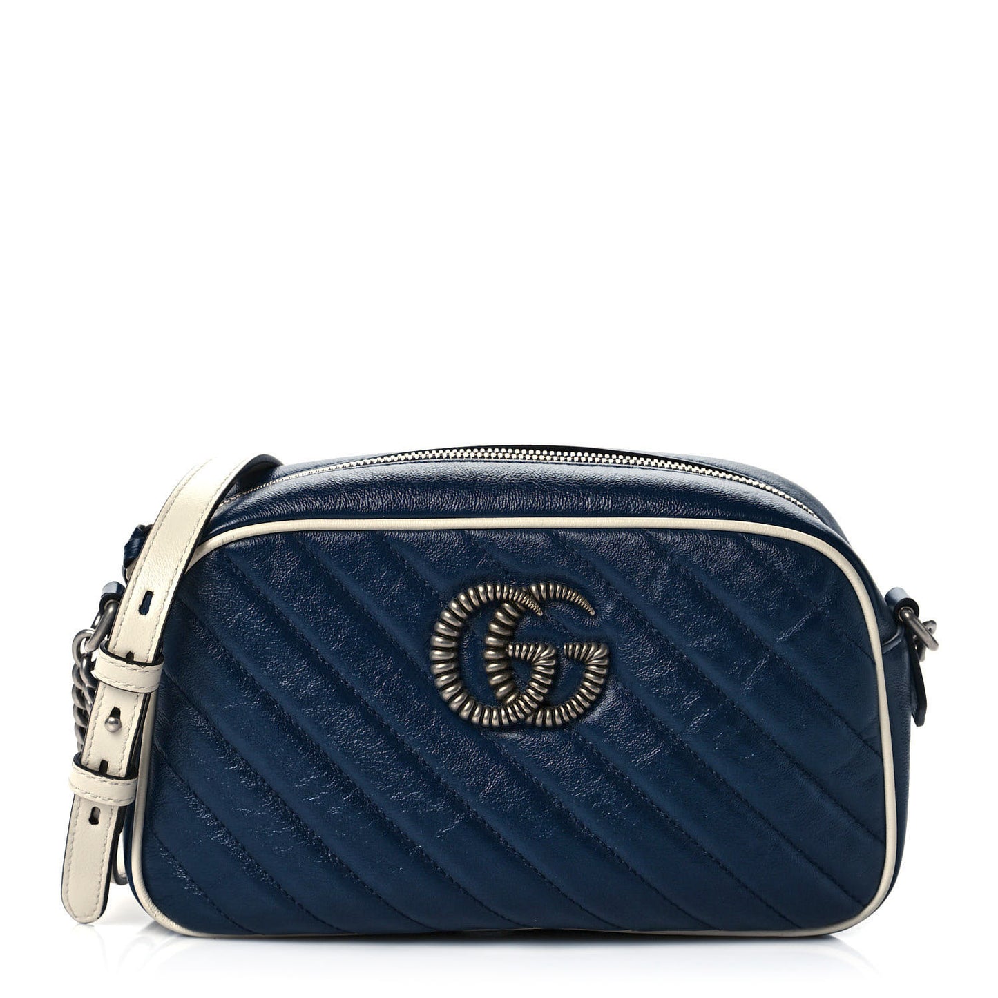 Vintage Effect Calfskin Matelasse Diagonal Small Torchon GG Marmont Chain Shoulder Bag Blue Agata Mystic White