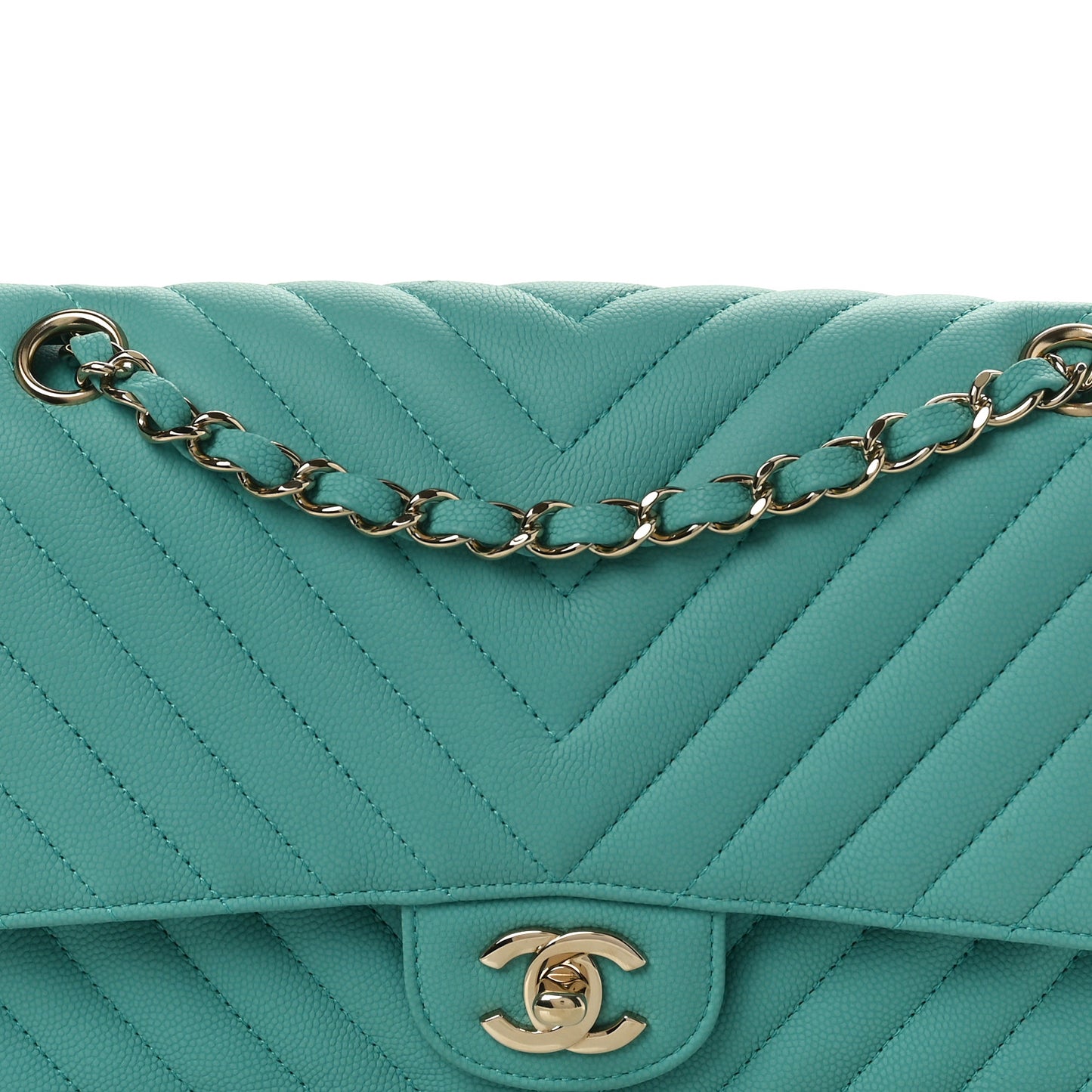 Caviar Flat Chevron Quilted Medium Double Flap Green