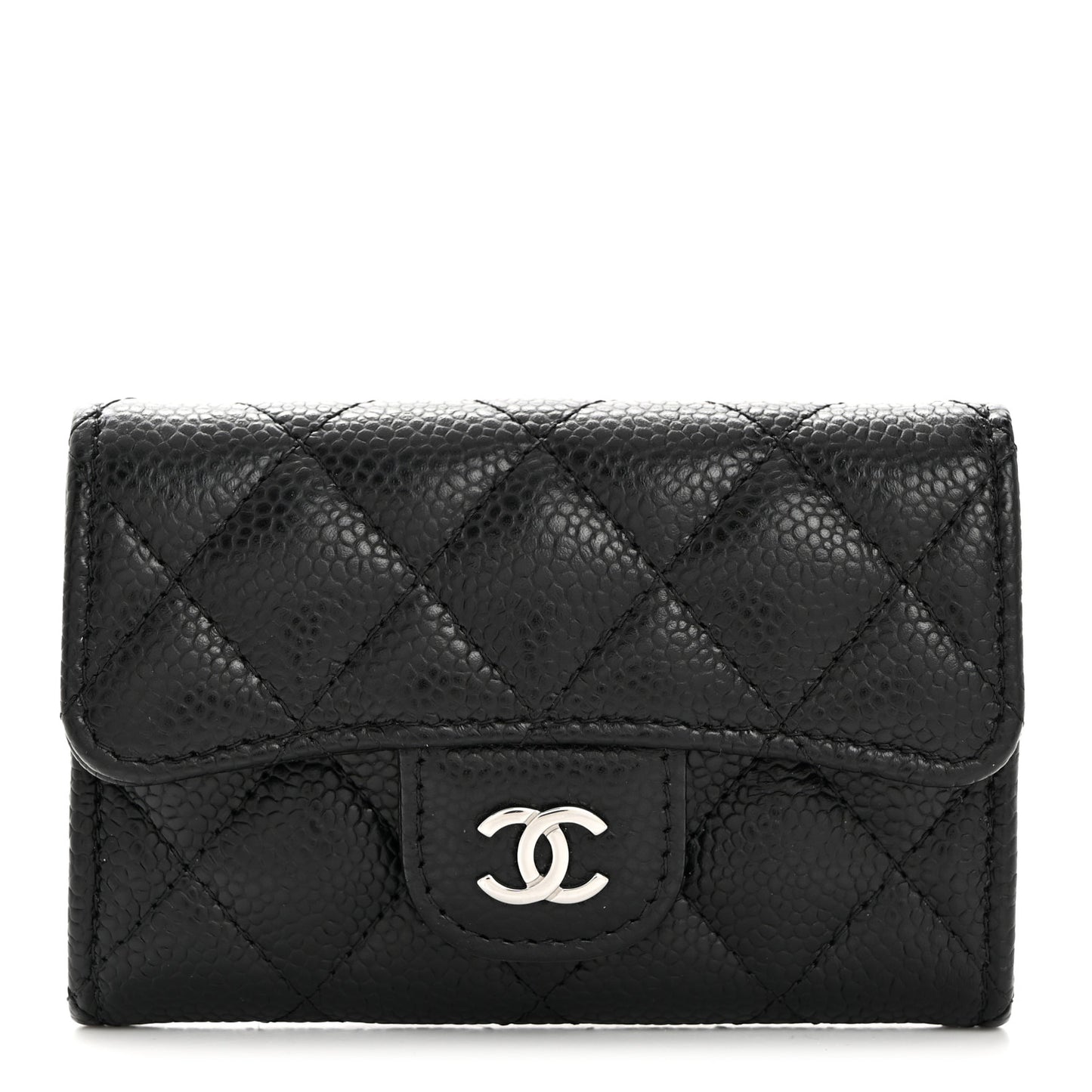 Caviar Quilted Flap Card Holder Wallet Black