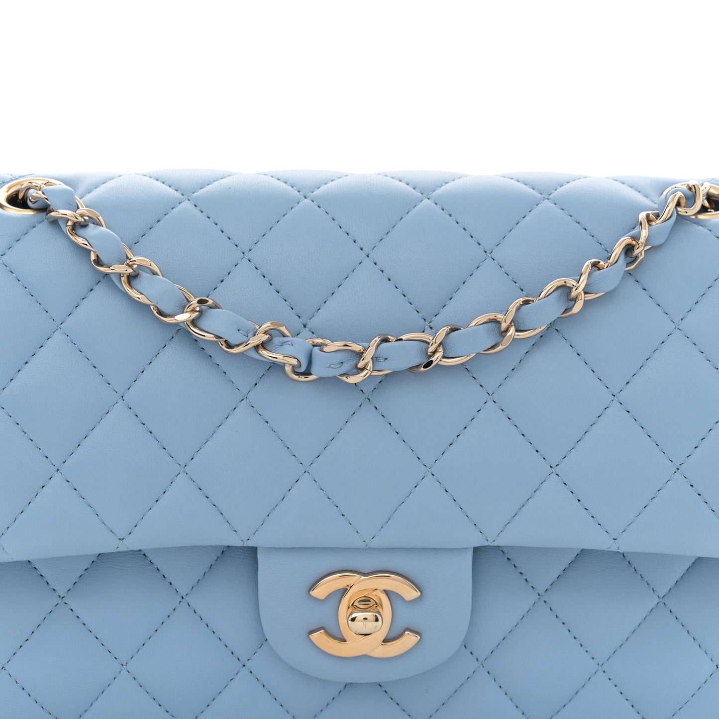 Lambskin Quilted Medium Double Flap Light Blue