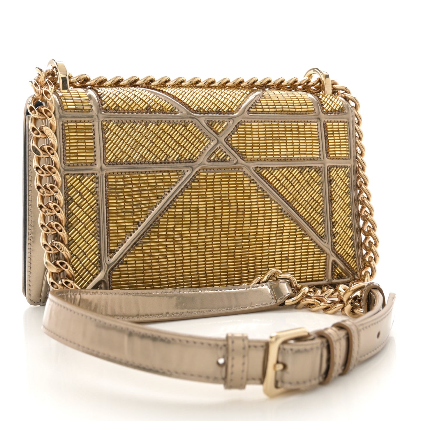 Metallic Calfskin Beaded Small Diorama Flap Bag Gold