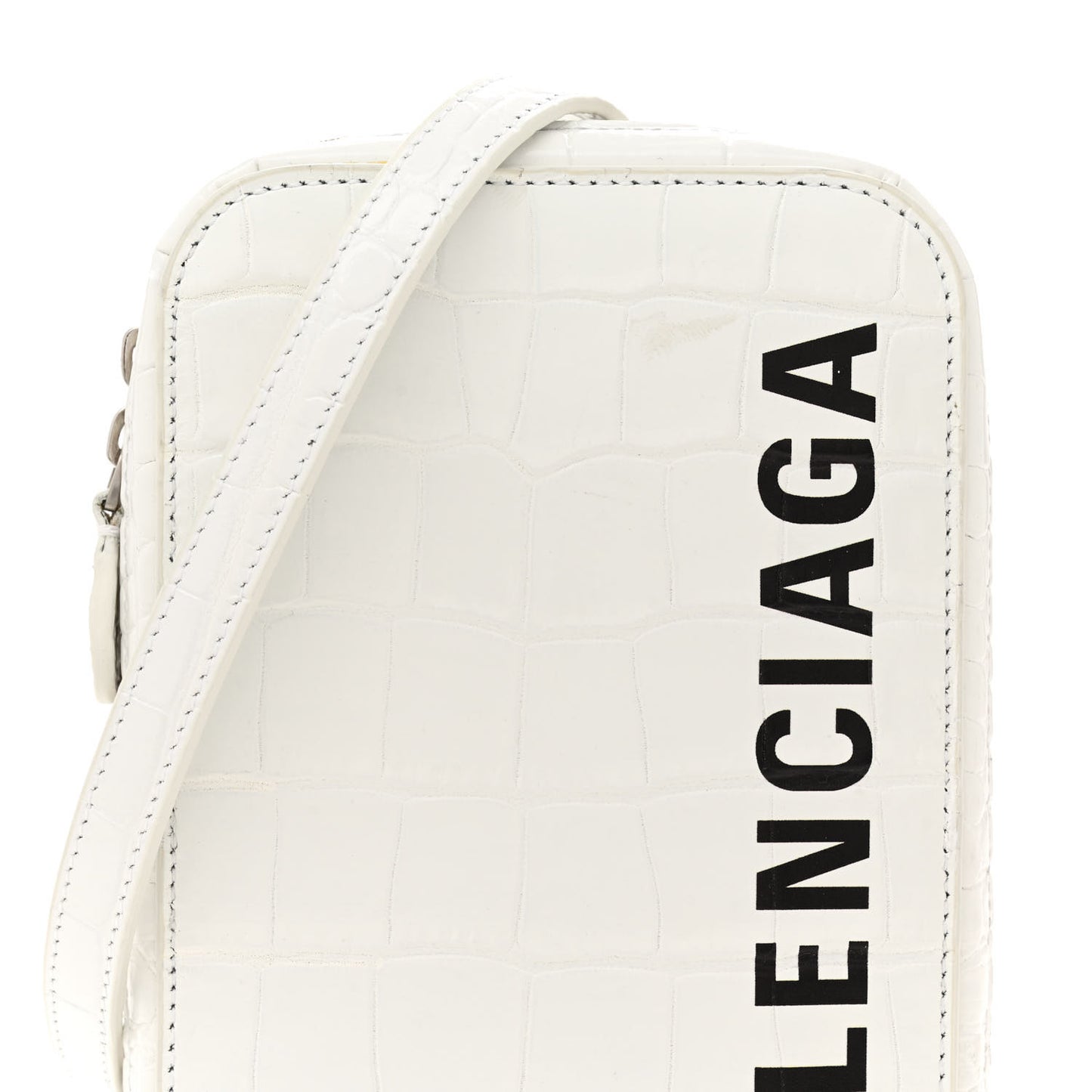 Shiny Calfskin Logo Crocodile Embossed Cash Phone Holder Bag White Black
