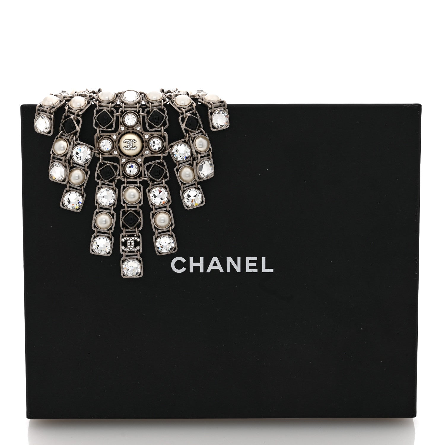 Chanel Crystal Pearl Resin CC Necklace Silver Black 5 of 5