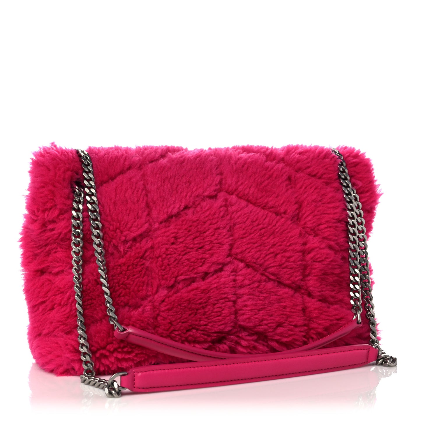 Merino Shearling Lambskin Quilted Small Loulou Puffer Monogram Chain Satchel Fuchsia