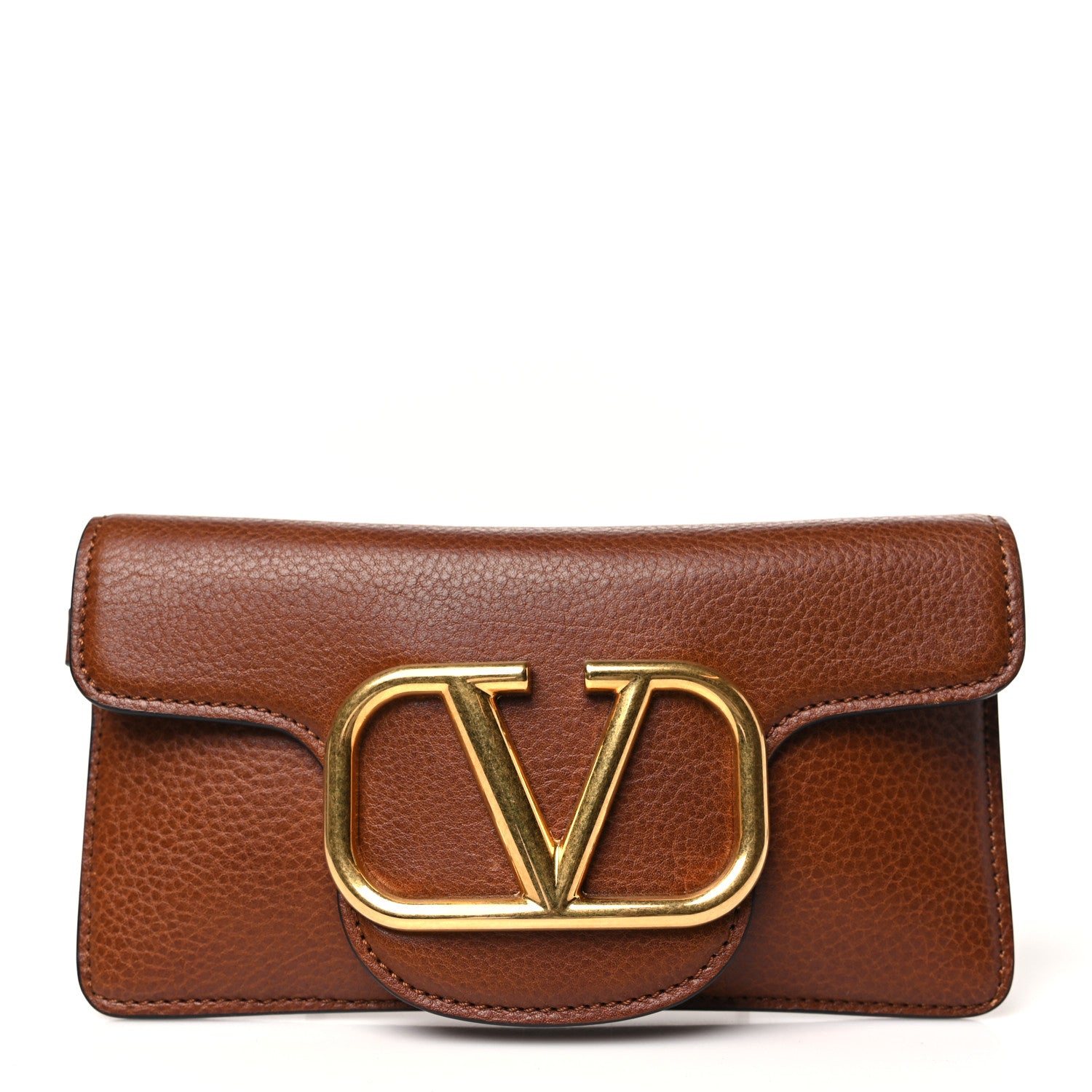 Valentino Garavani Grained Calfskin Vlogo Flap Wristlet Pouch Tan