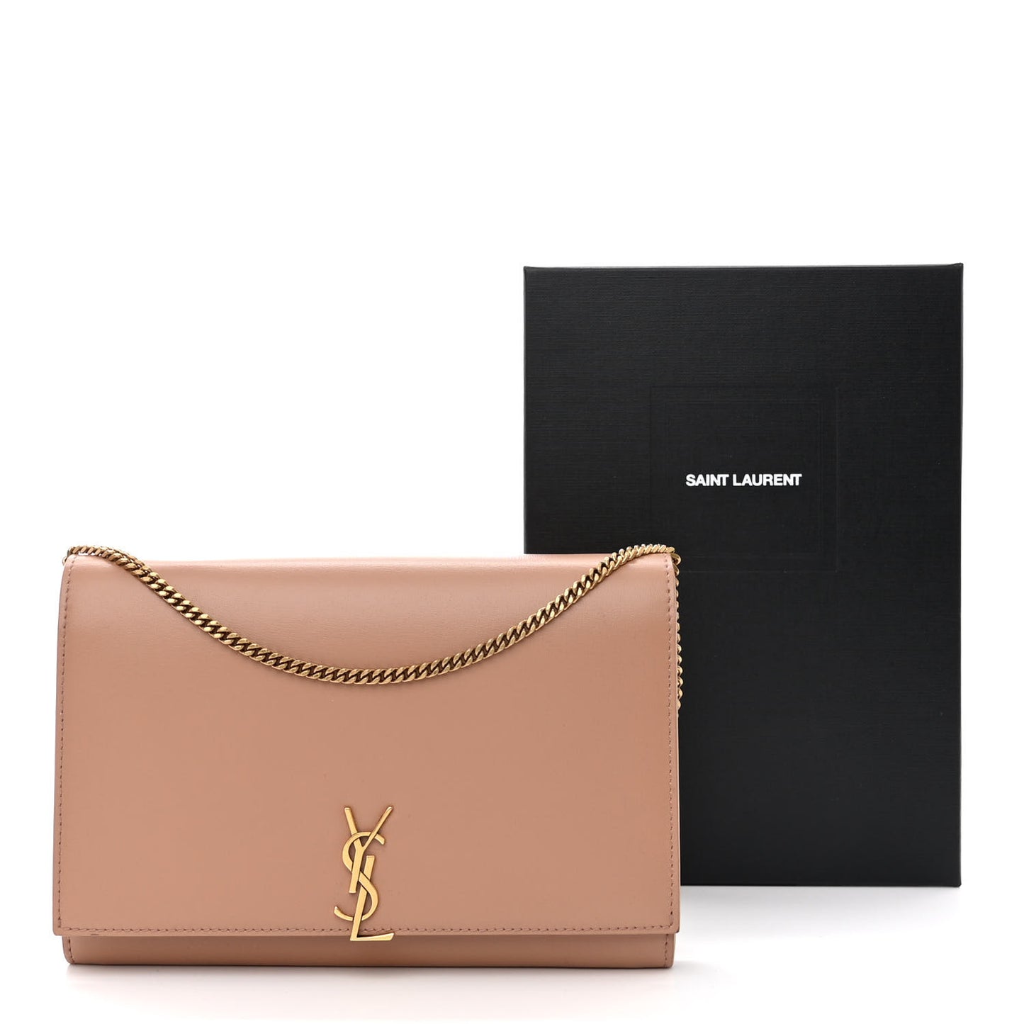 Glossy Calfskin Monogram Chain Wallet Dark Beige