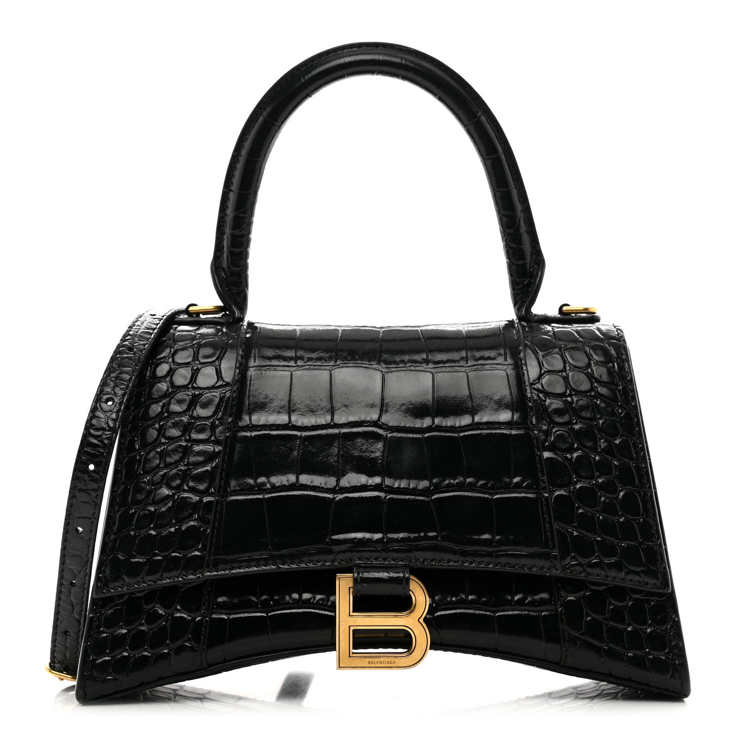 Balenciaga Shiny Calfskin Crocodile Embossed Small Hourglass Top Handle Bag Black 1 of 9
