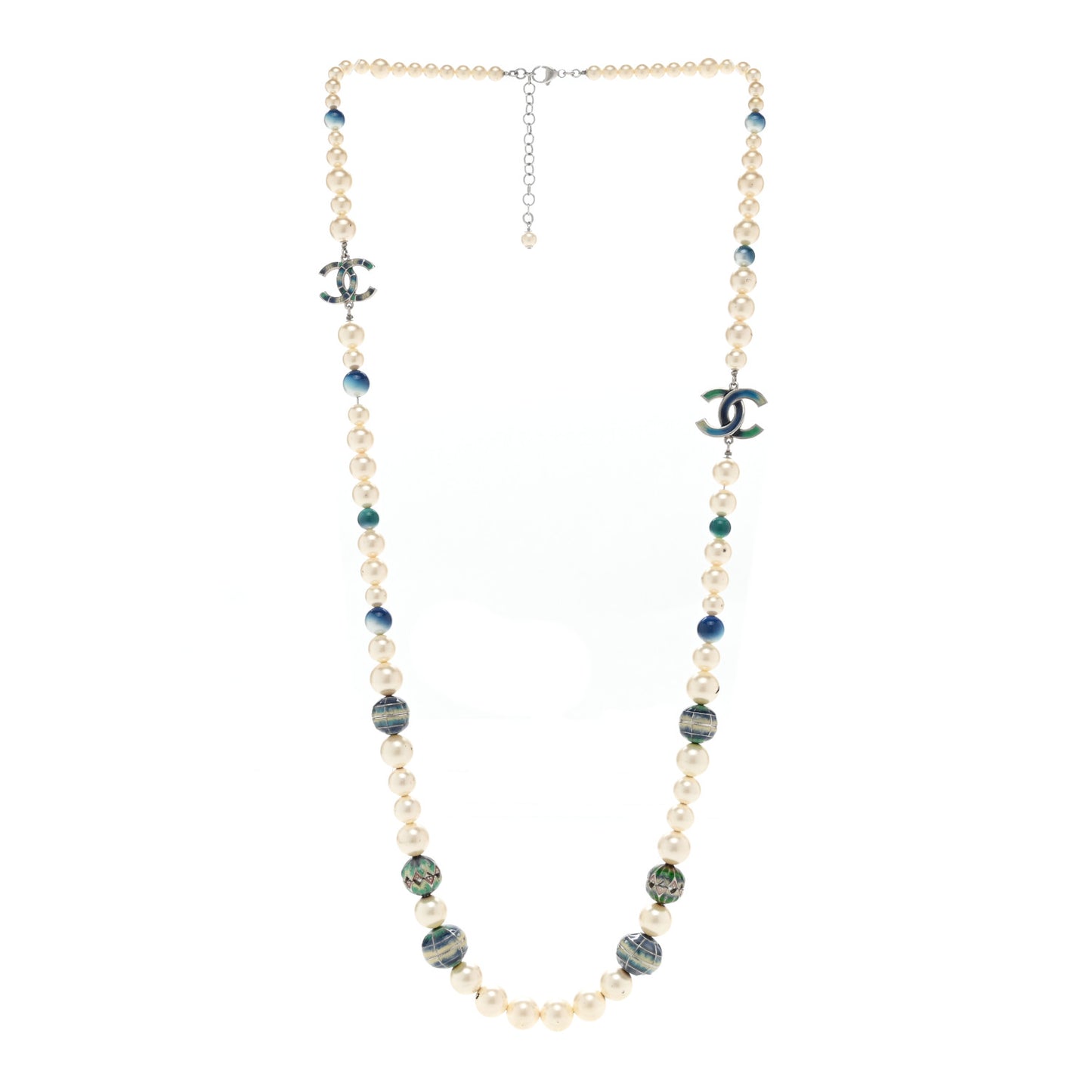 Graduated Pearl Enamel Bead CC Logo Long Necklace White Blue Multicolor