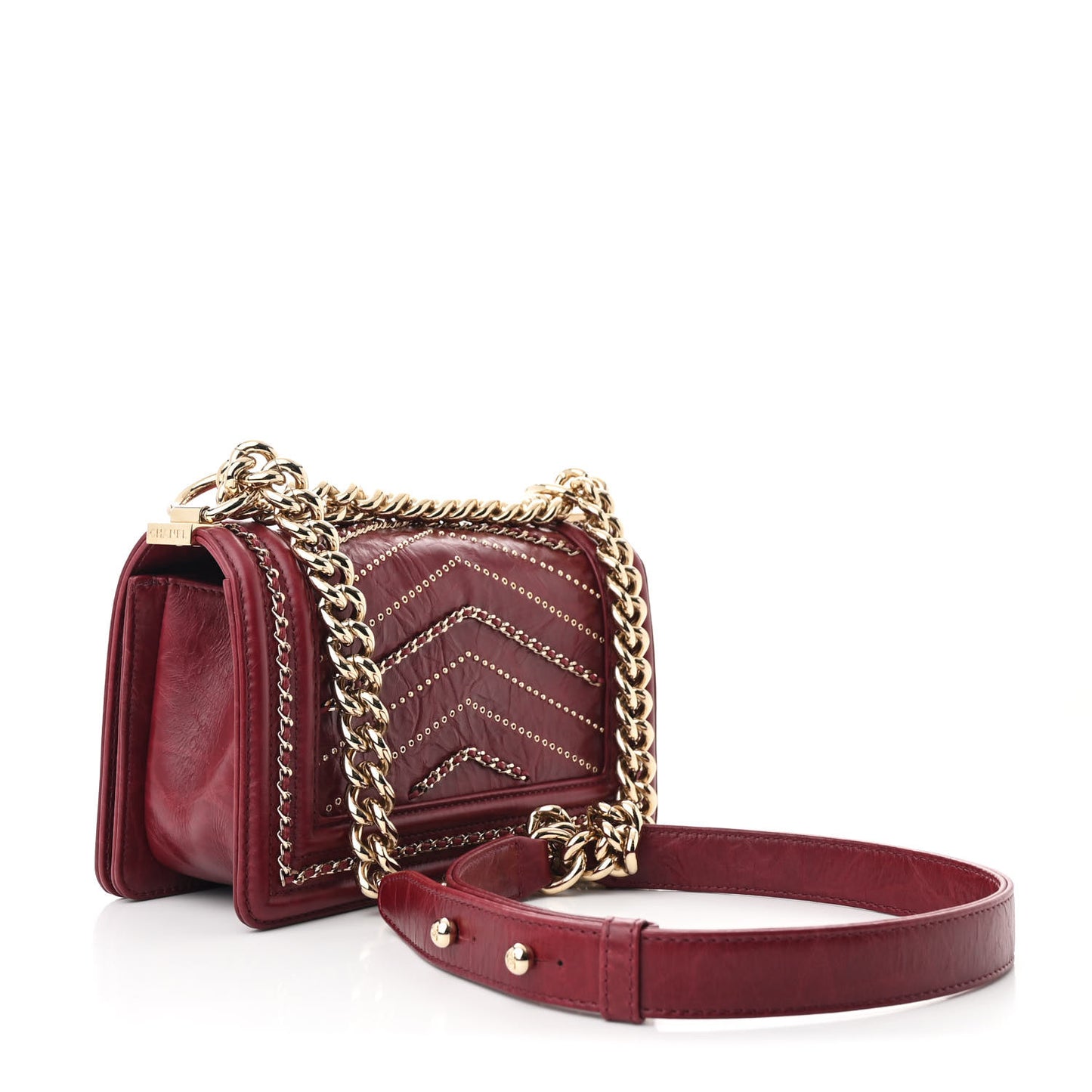 Crumpled Calfskin Chevron Small Chain Boy Flap Burgundy