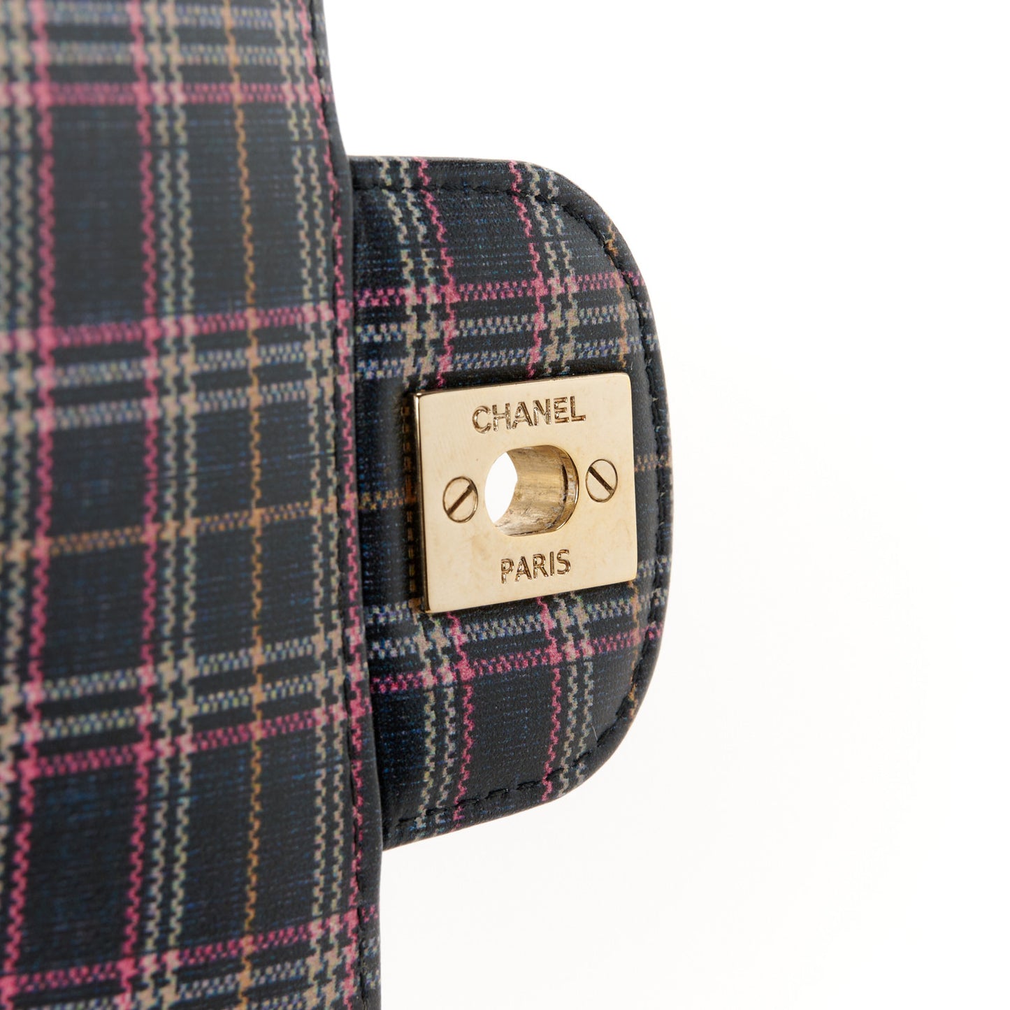 Calfskin Quilted Plaid Printed Small Single Flap Navy Multicolor