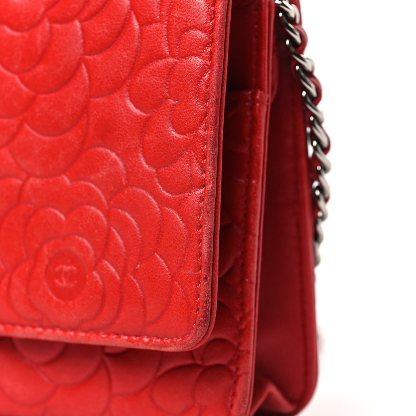 Lambskin Camellia Embossed Wallet on Chain WOC Red