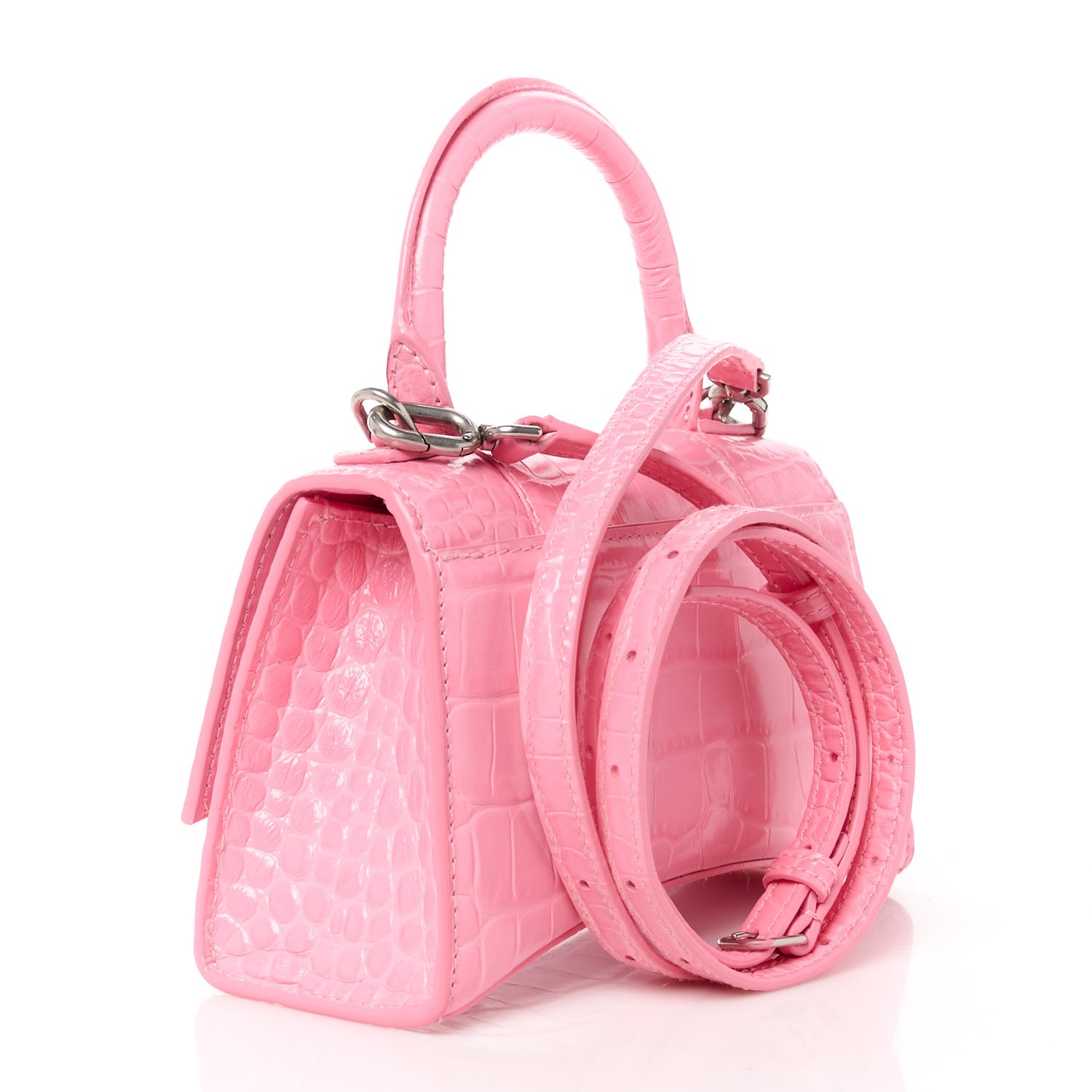 Shiny Calfskin Crocodile Embossed Hourglass Top Handle Bag XS Sweet Pink
