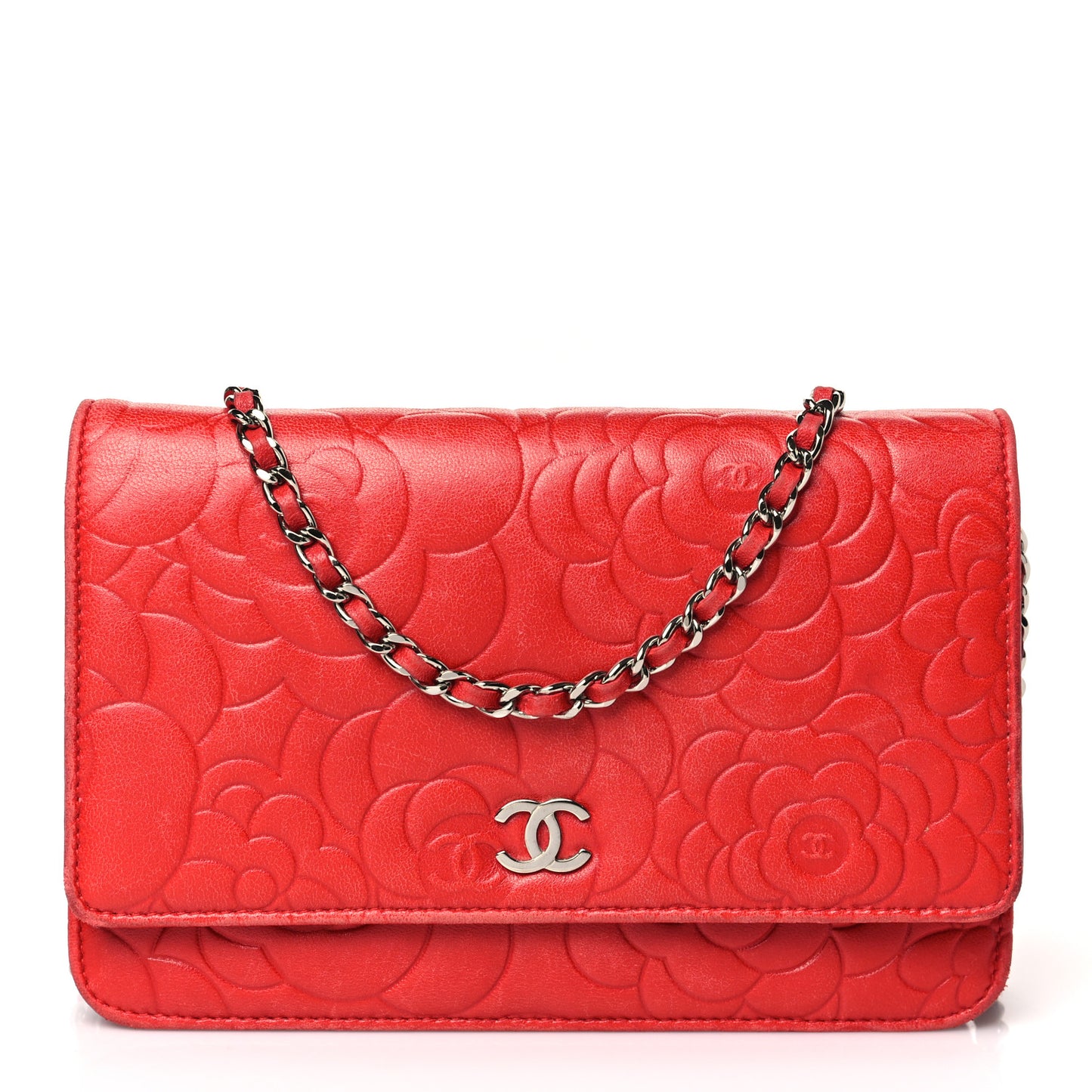 Lambskin Camellia Embossed Wallet on Chain WOC Red
