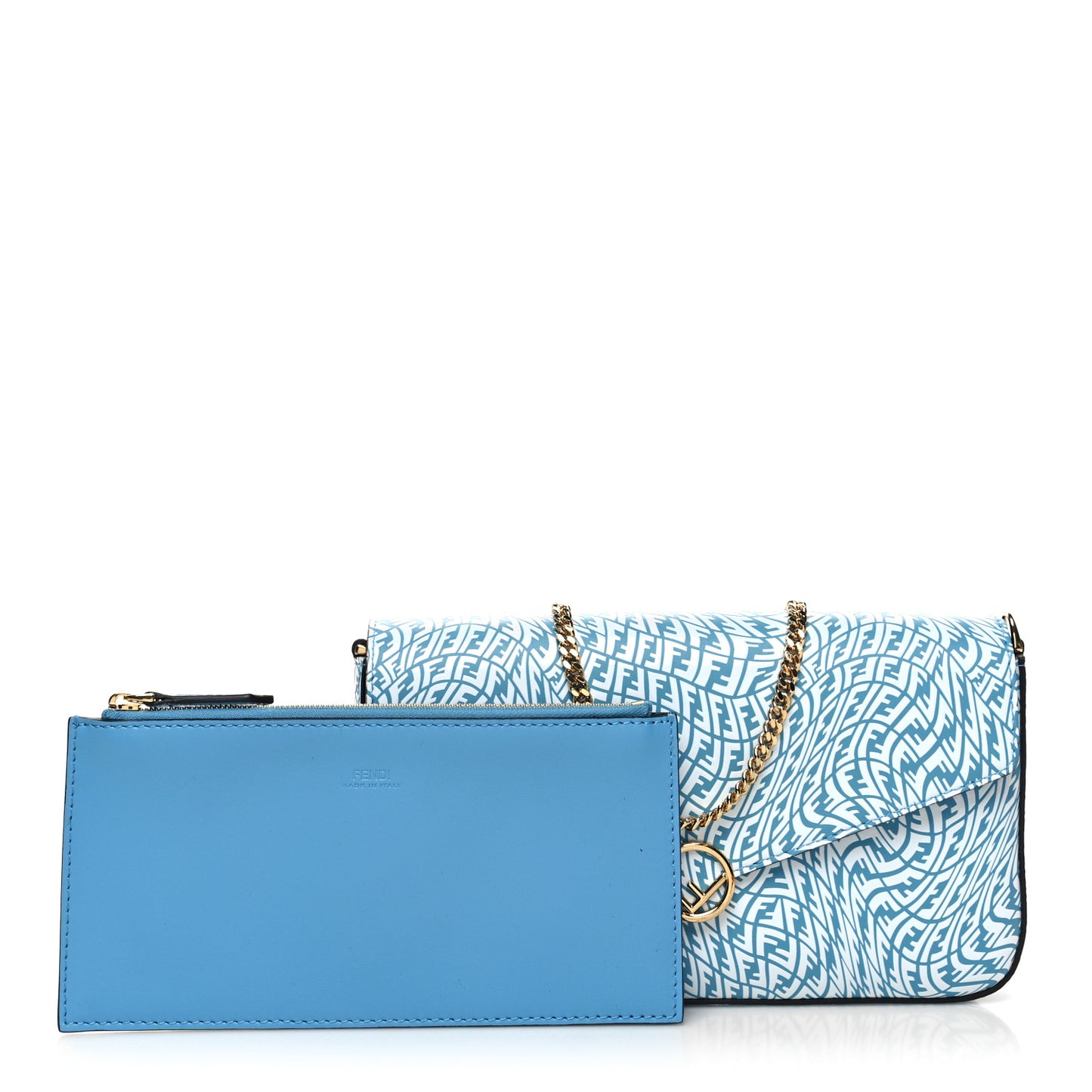 X SARAH COLEMAN Vitello Liberty Ceylon F is Fendi Micro FF Vertigo Embossed Envelope Wallet on Chain with Pouches Cyber Blue White