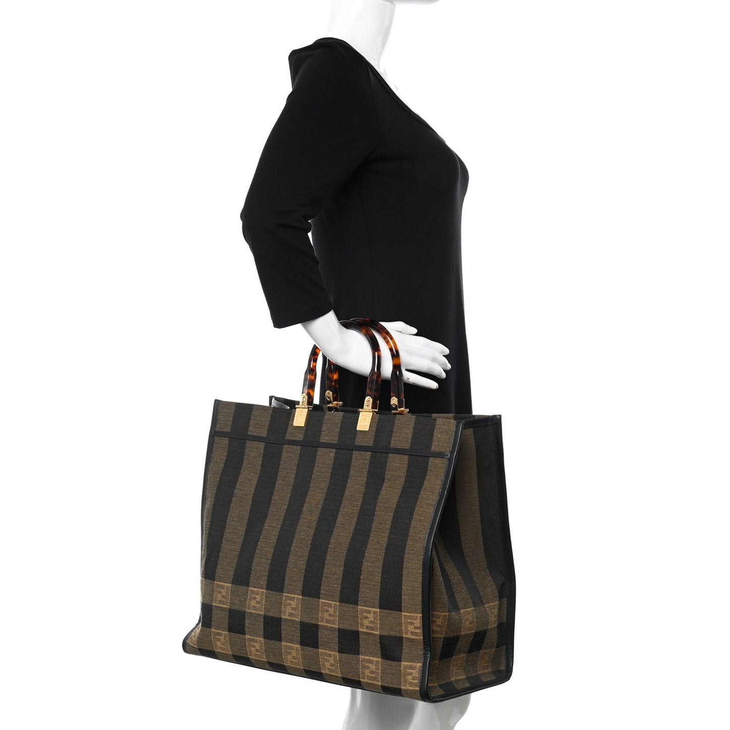 Fabric Jacquard Vitello Seta Plexiglass Pequin Gingham Large Fendi Sunshine Shopper Tote Tobacco Moro Black