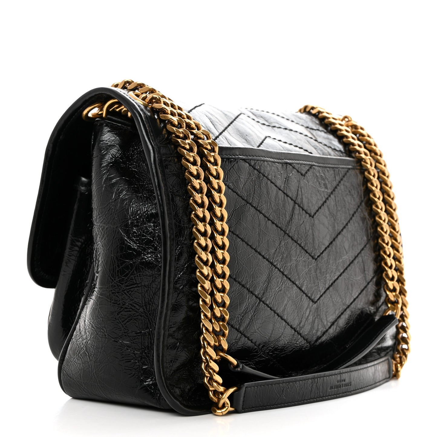 Crinkled Calfskin Matelasse Monogram Medium Niki Chain Satchel Black