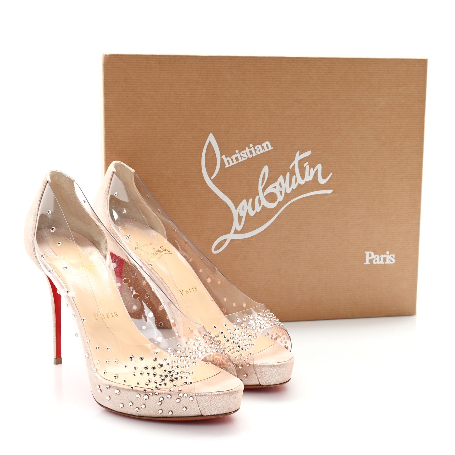 Christian Louboutin PVC Suede Lame Very Strass 100 Peep Toe Pumps 38.5 Version Poudre 9 of 9