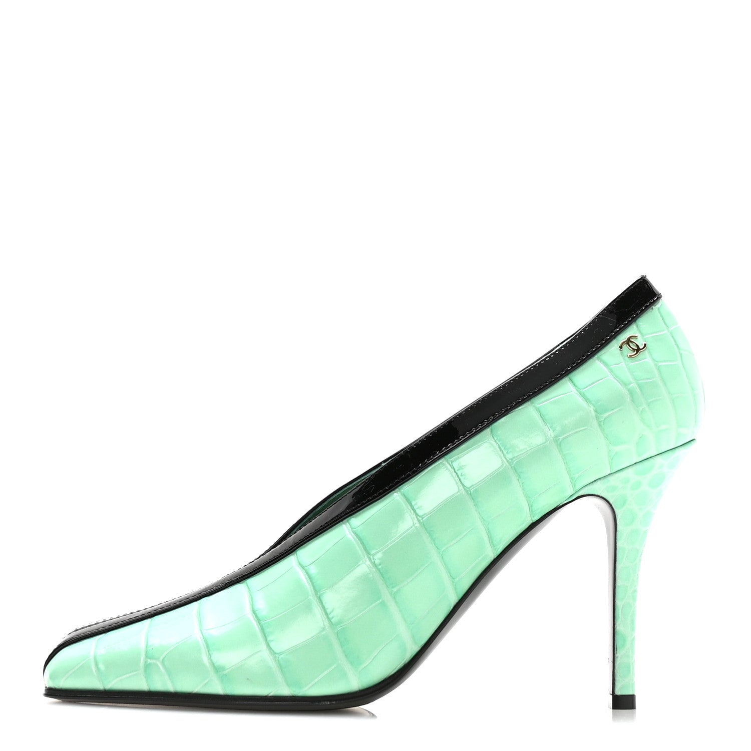 Chanel Crocodile Embossed Patent Calfskin Pumps 41 Green Black
