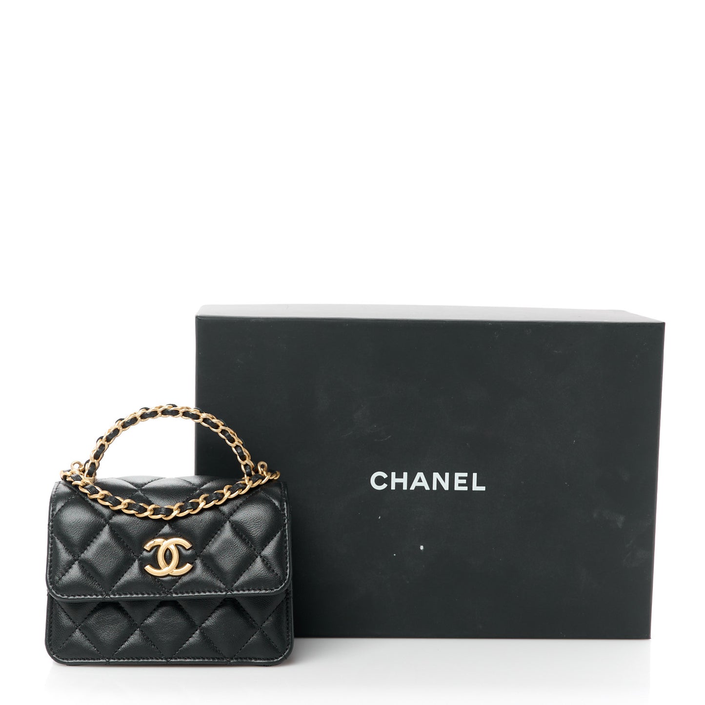 Lambskin Quilted Chain Top Handle Clutch With Chain Black