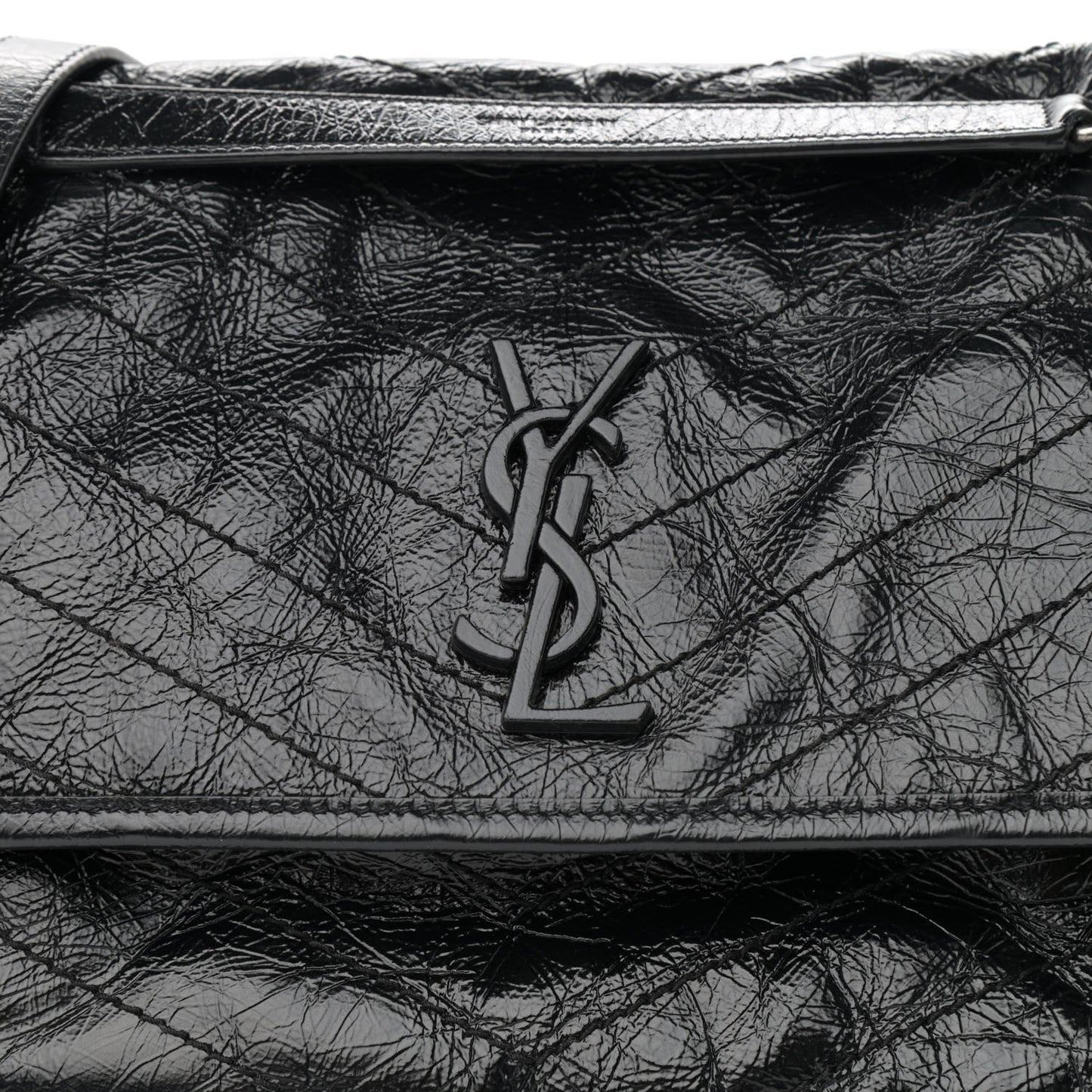 Crinkled Calfskin Matelasse Monogram Medium Niki Chain Satchel Black