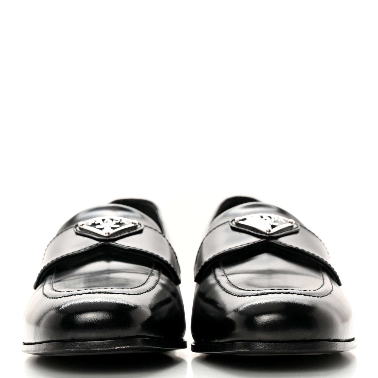 Prada Brushed Calfskin Metal Triangle Logo 20mm Loafers 36.5 Black 2 of 12