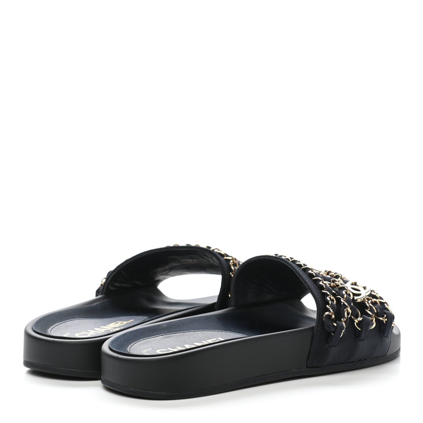 Satin Canvas Chain Slides Sandals Flats 35 Marine