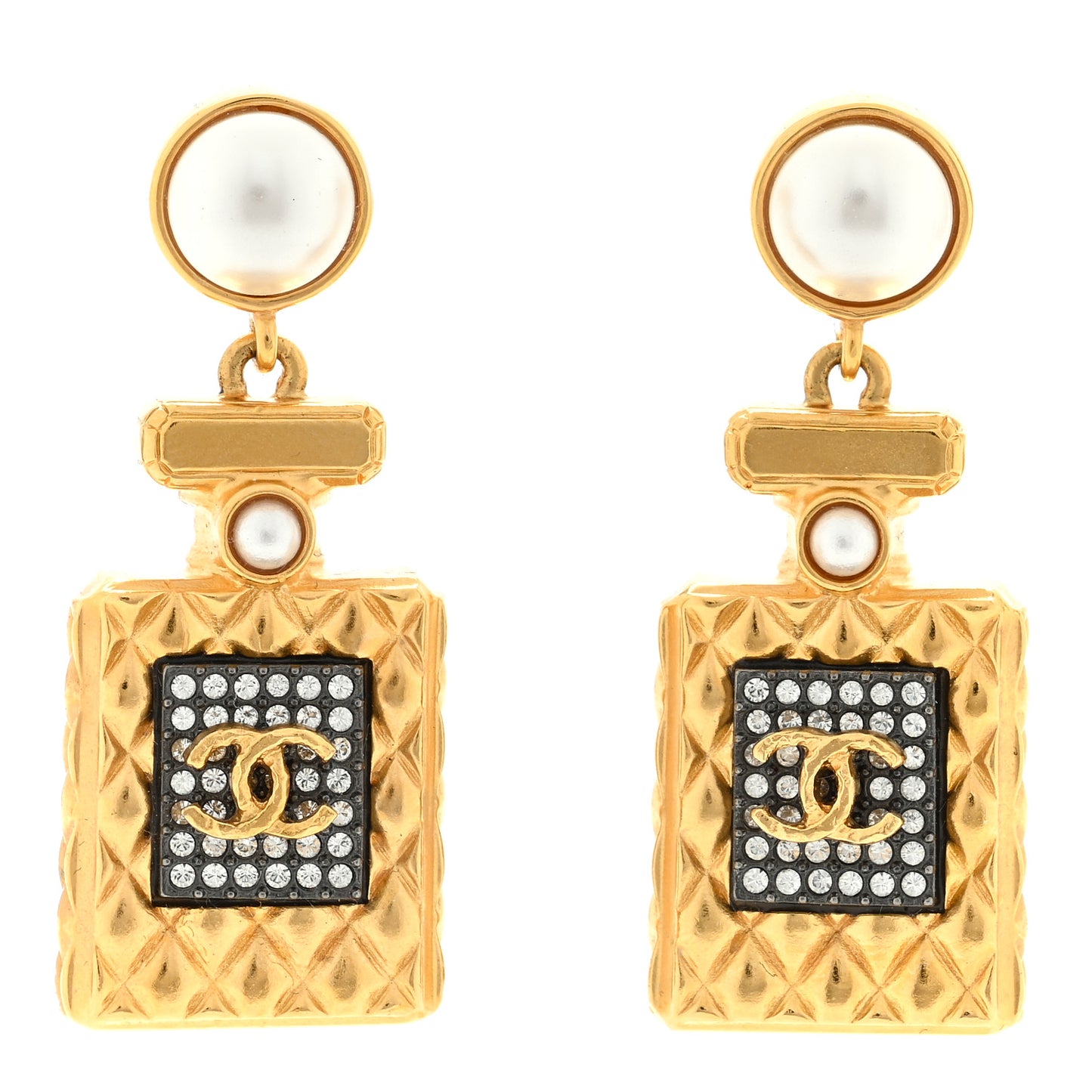 Crystal Pearl CC Perfume Bottle Drop Earrings Gold