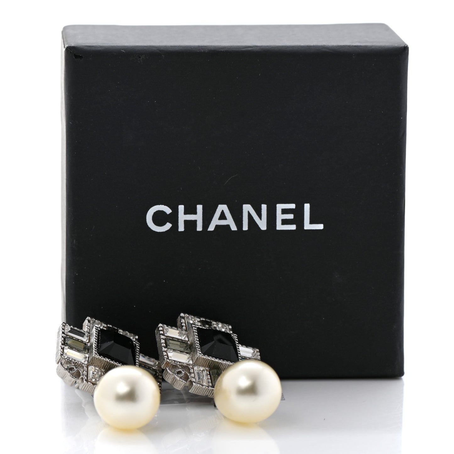 Crystal Baguette Pearl Cross Drop Earrings Grey Black Silver