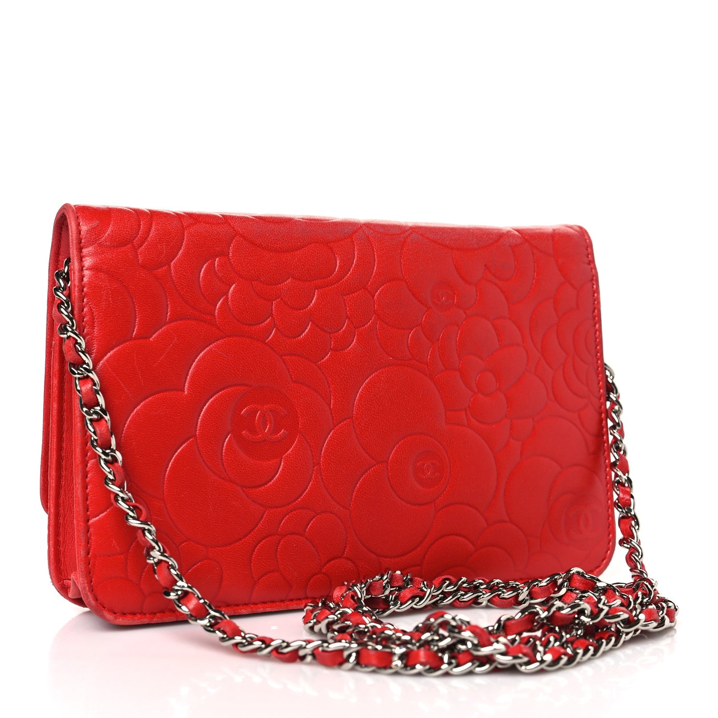 Lambskin Camellia Embossed Wallet on Chain WOC Red