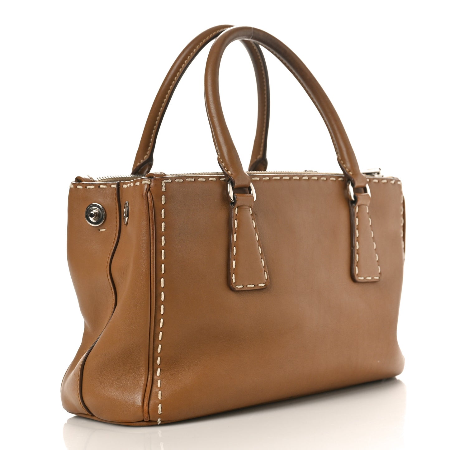 City Calf Mini Hand Stitched Galleria Double Zip Tote Caramel