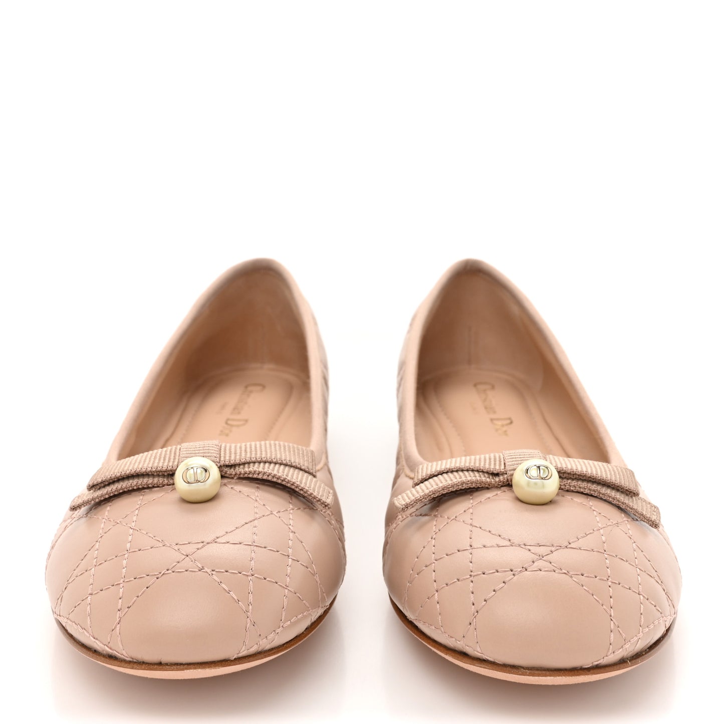 Calfskin Cannage Pearl Bow Ballet Flats 39 Nude