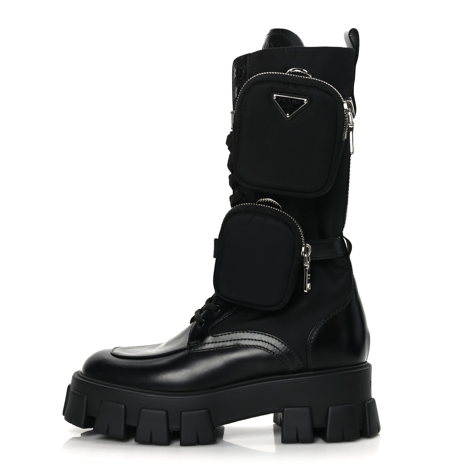 Prada Spazzolato Rois Re-Nylon Metal Triangle Logo Monolith Pouch Pocket 55mm Tall Combat Boots 39.5 Black 1 of 8