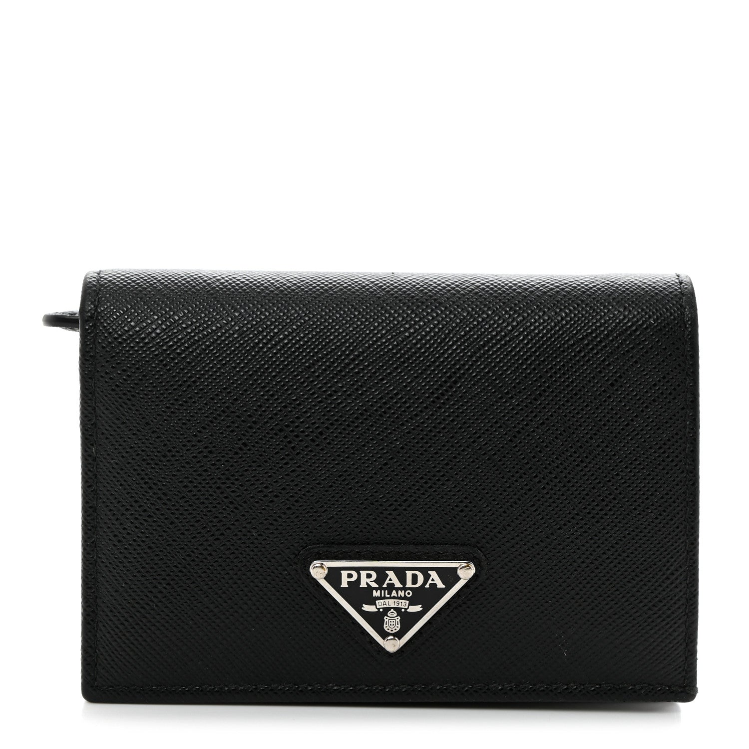 Prada Saffiano Triangle Bi-Fold Card Holder Wallet Black 1 of 6