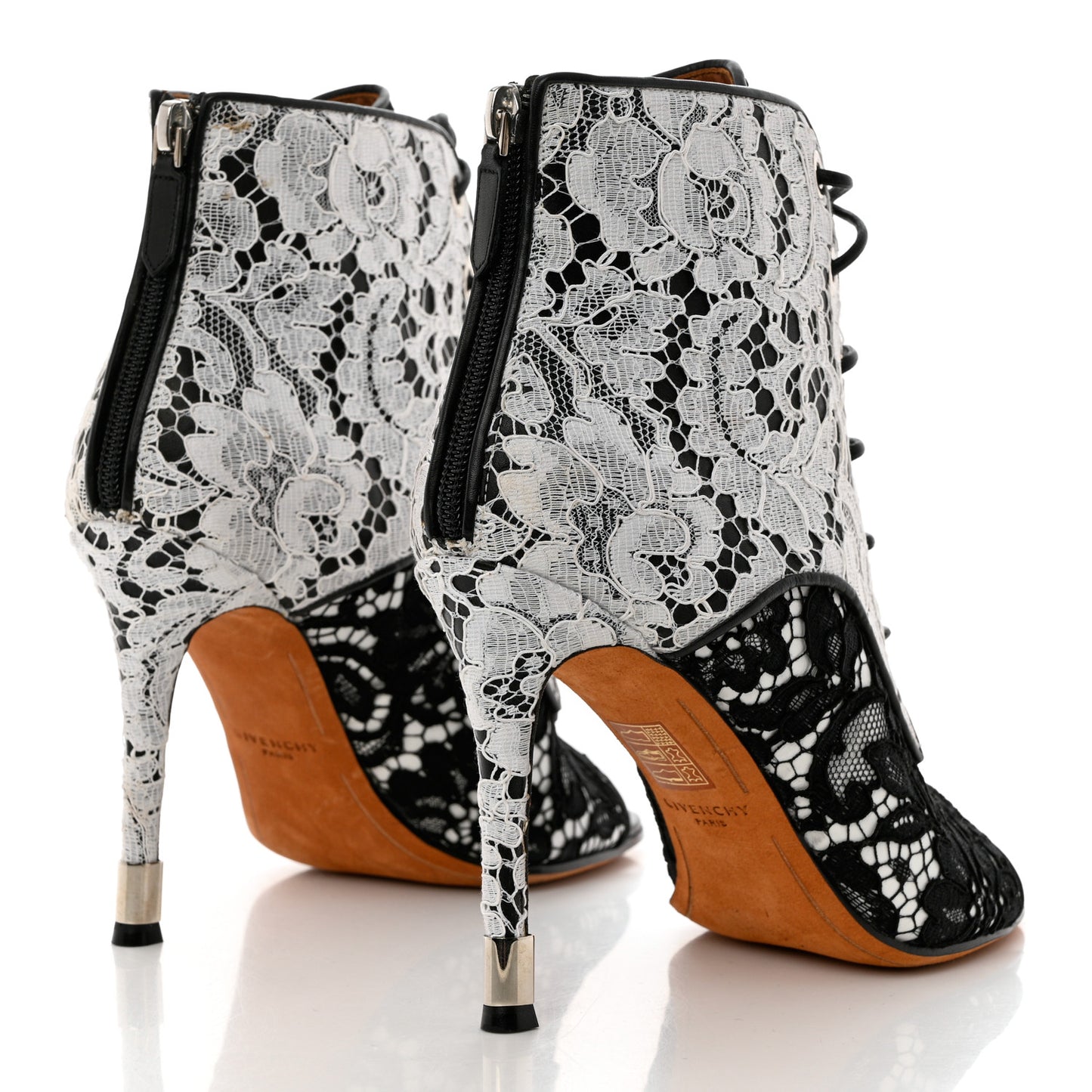 Calfskin Lace Peep Toe Ankle Booties 38 White Black