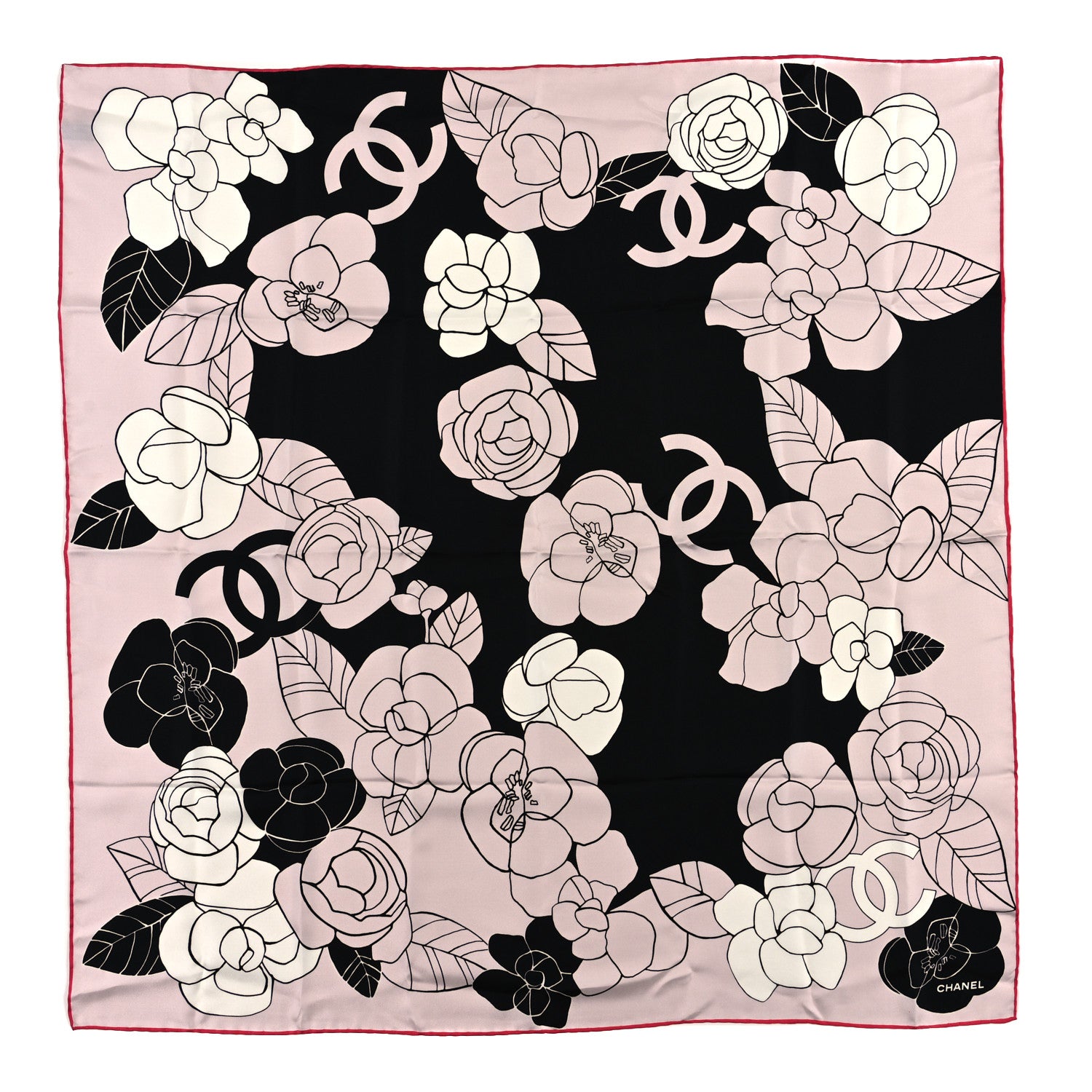 Chanel Silk CC Logo Camellia Scarf White Black Pink 1 of 3