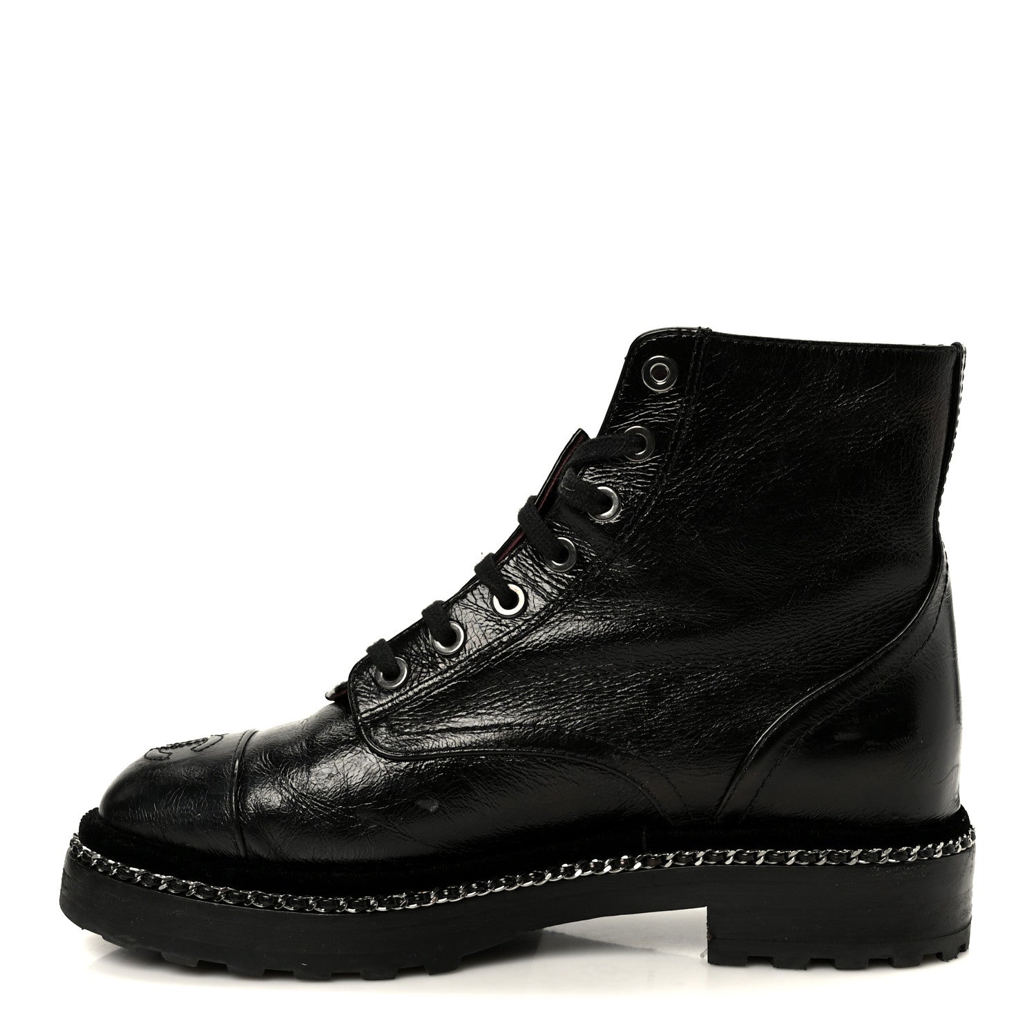 シャネル　ブーツ Chanel Crackled Calfskin Velvet Pearl Combat Short Boots 36 Black