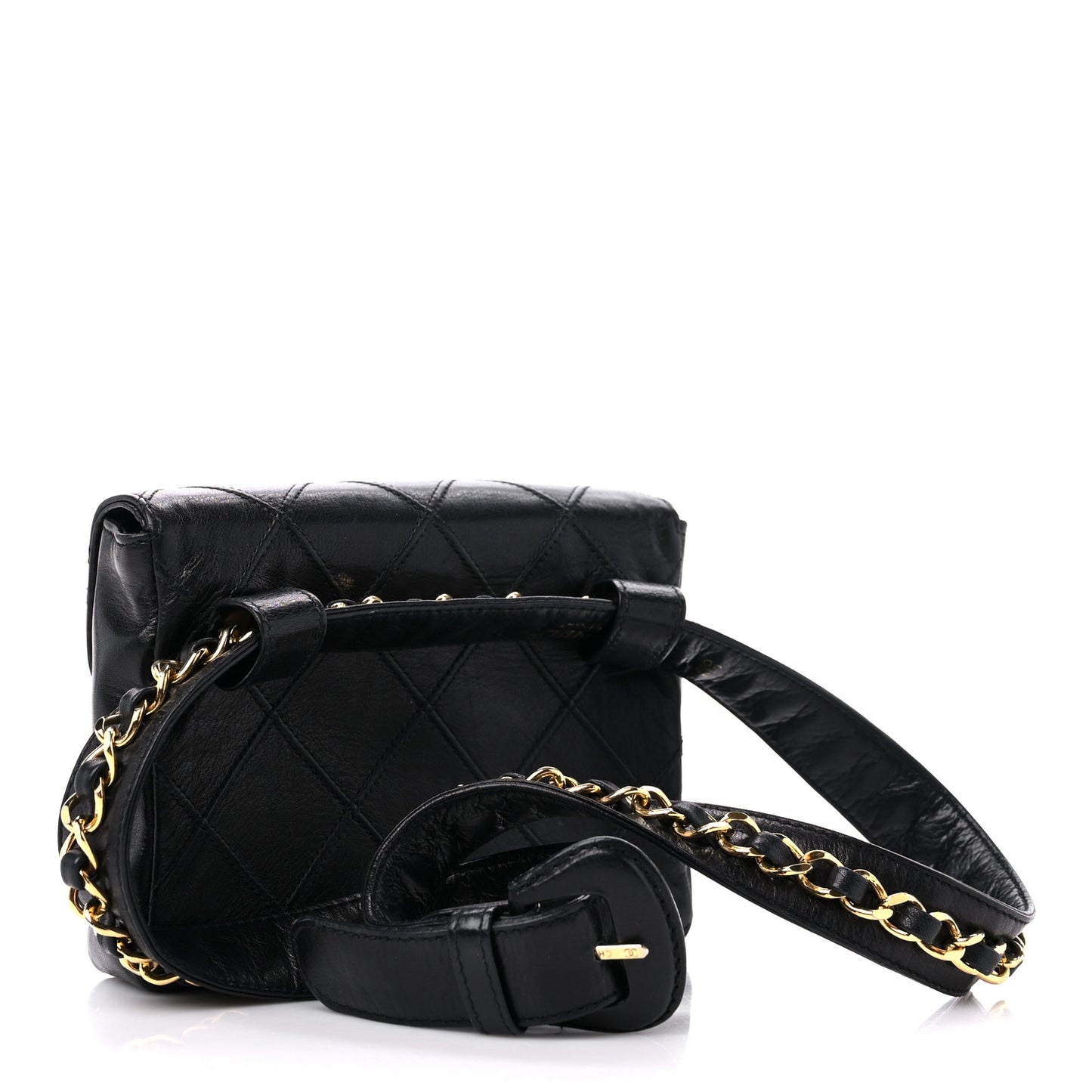 Calfskin Quilted Flap Waist Belt Bag Black