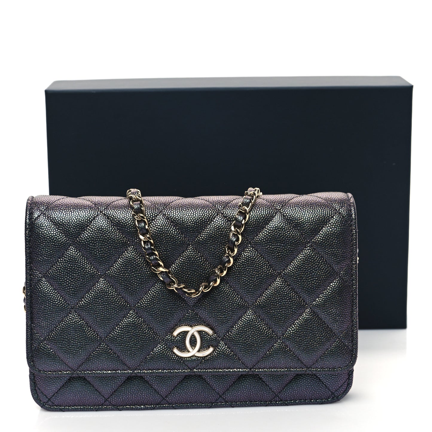 Iridescent Caviar Quilted Wallet on Chain WOC Dark Blue
