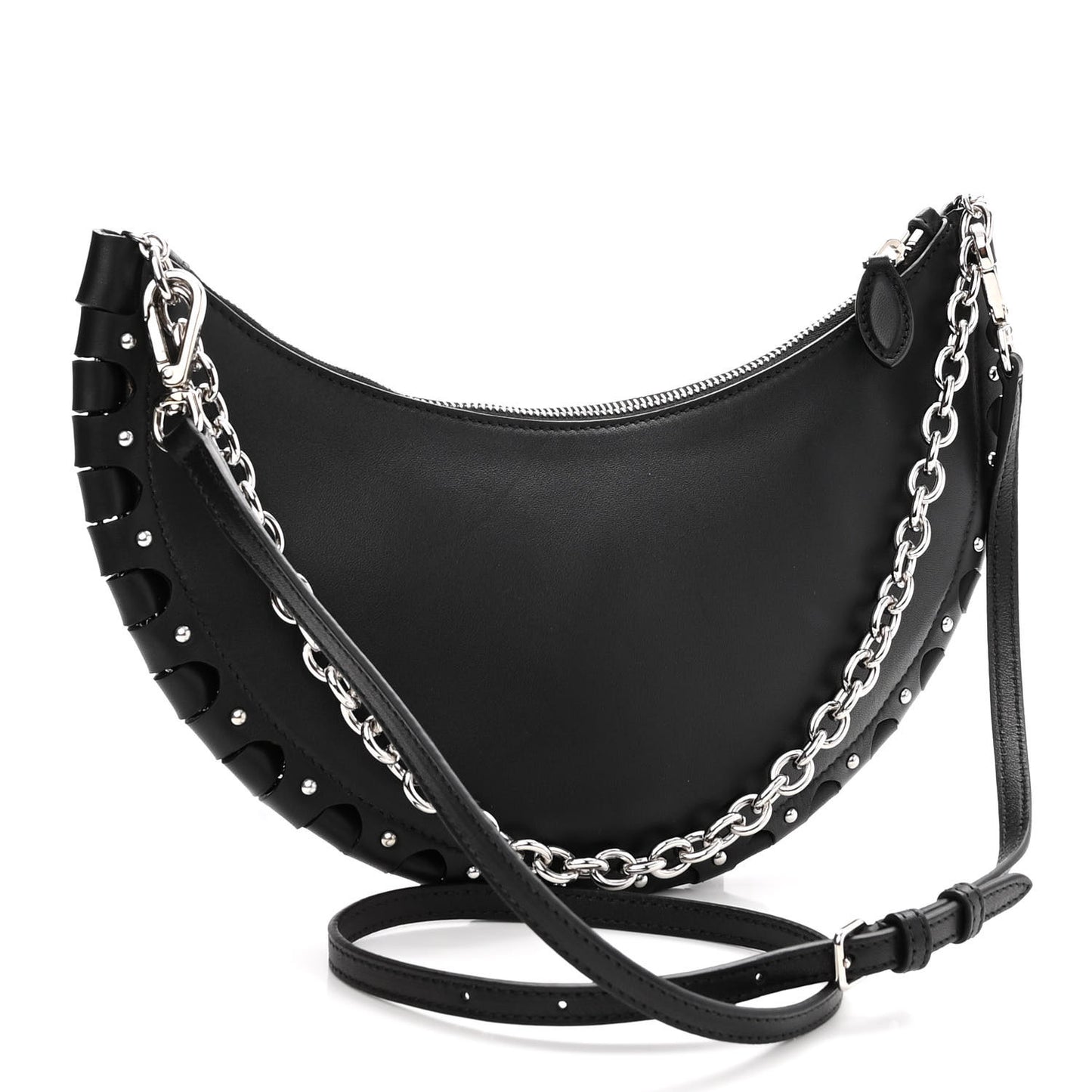 Calfskin Studded Chain Demi Lune Bag Black