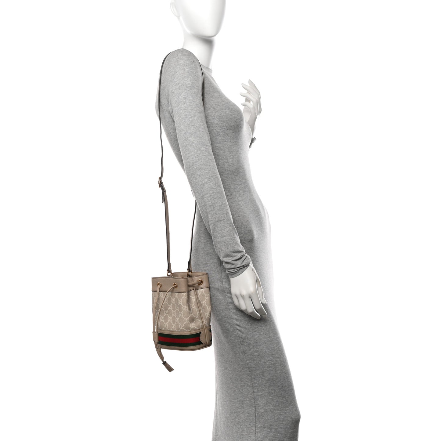 GG Supreme Monogram Textured Calfskin Web Mini Ophidia Bucket Bag Beige Mystic White Oatmeal