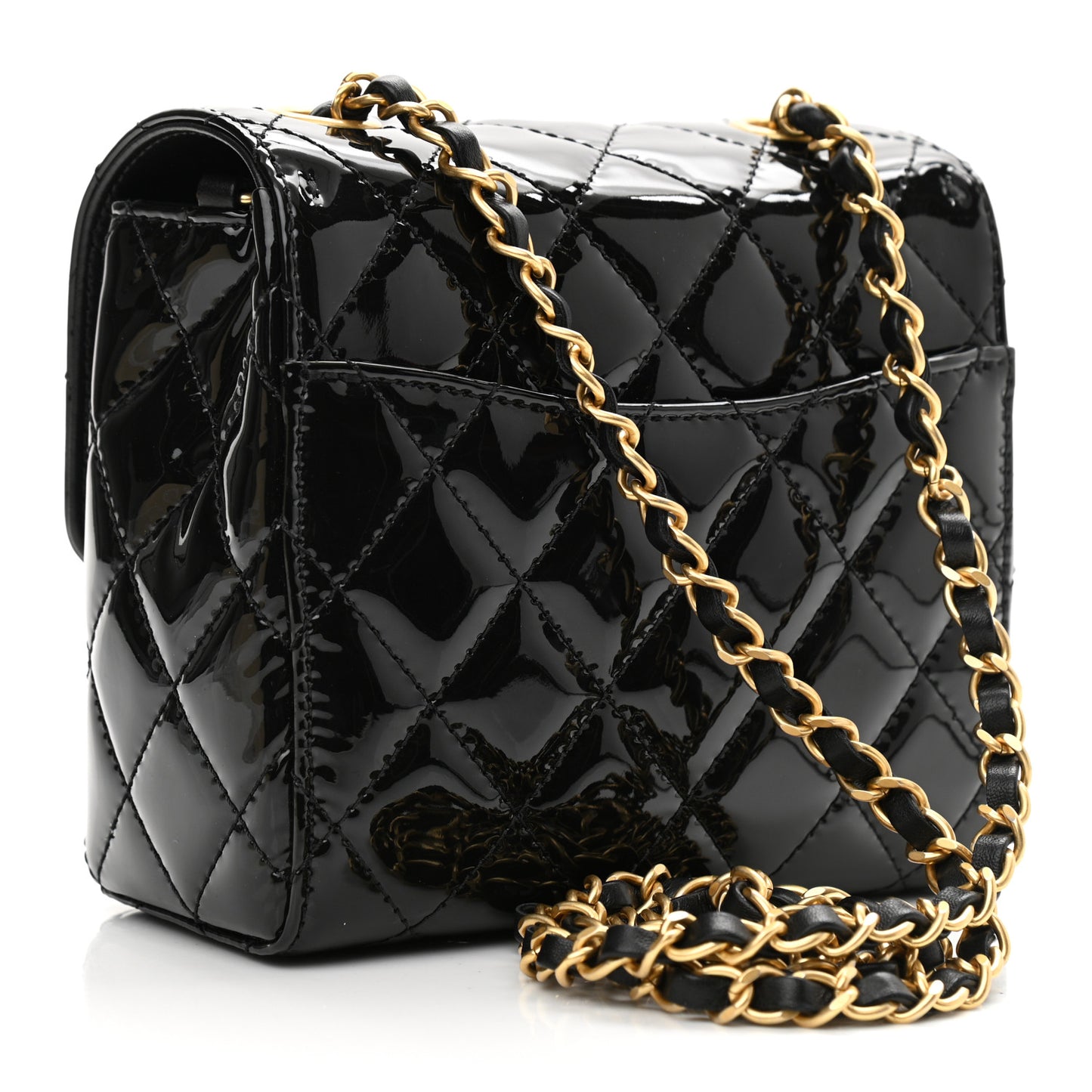 Patent Calfskin Quilted Mini Square Flap Black