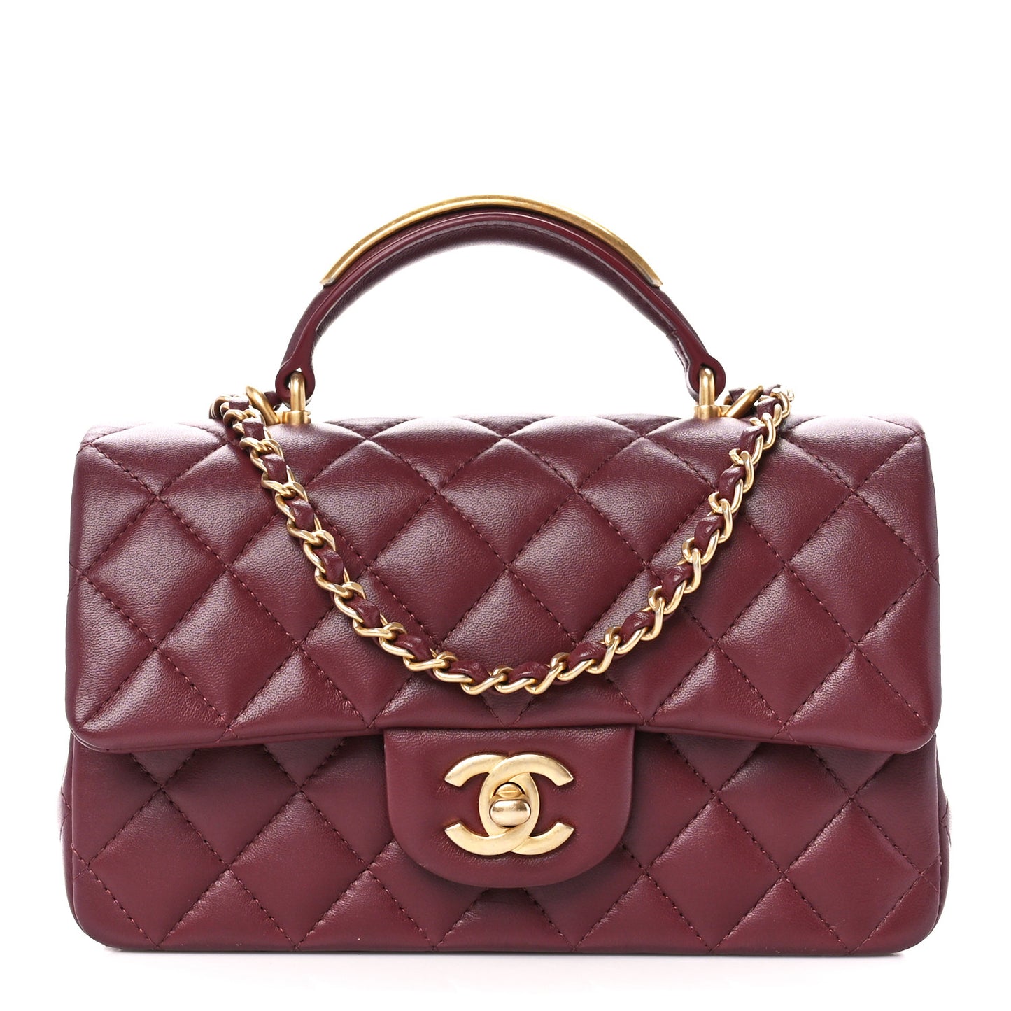 Lambskin Metal Quilted Mini Top Handle Rectangular Flap Burgundy