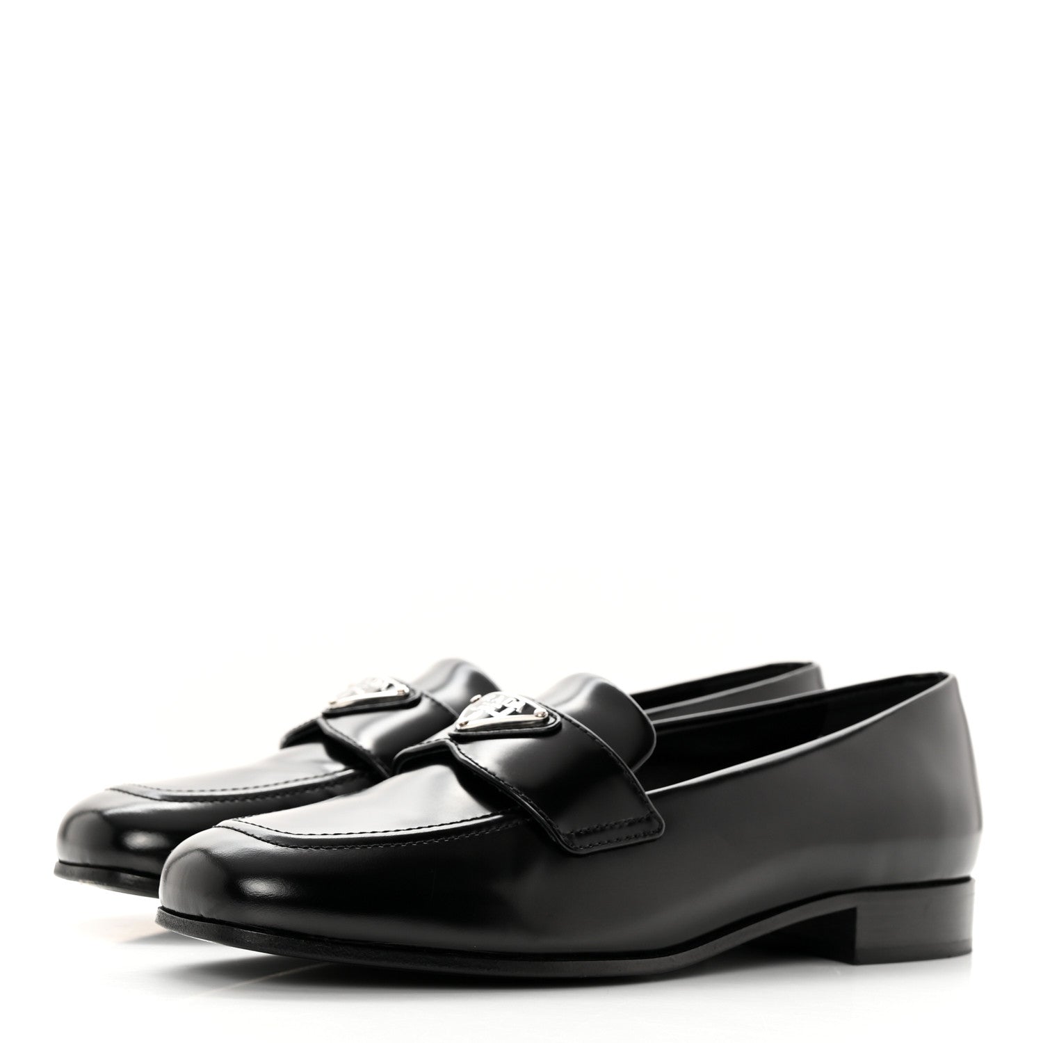Prada Brushed Calfskin Metal Triangle Logo 20mm Loafers 36.5 Black 3 of 12