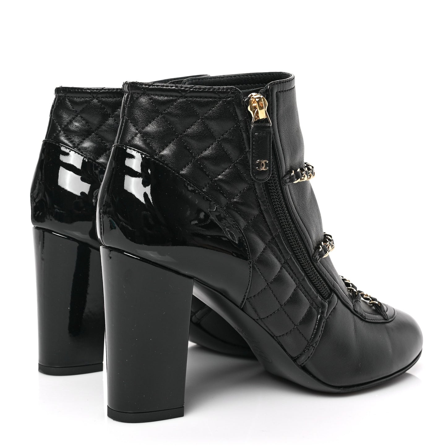 Lambskin Patent Calfskin Chain CC Short Boots 39.5 Black