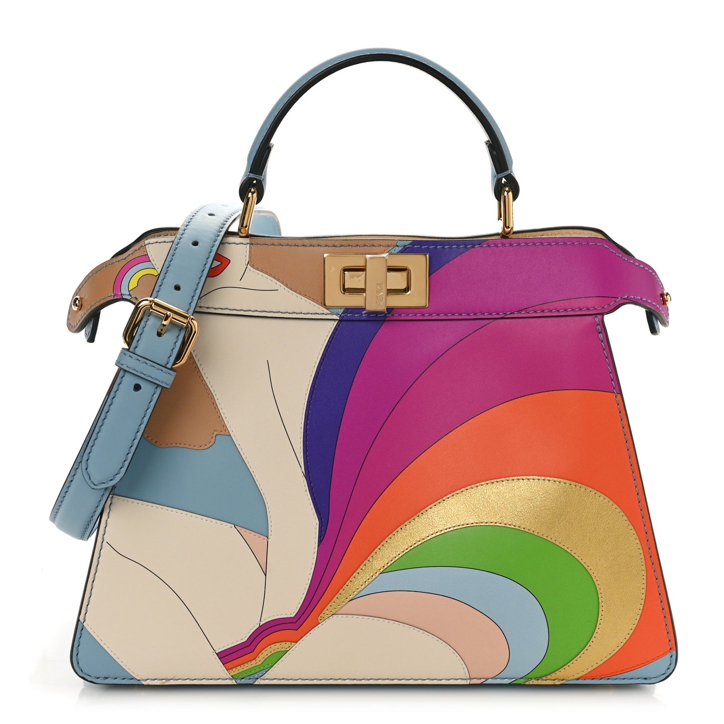 Vitello Seta Nappa Bi-Color Rainbow Girl Inlay Small Peekaboo I SEE U Satchel Azzurro Baby Multicolor